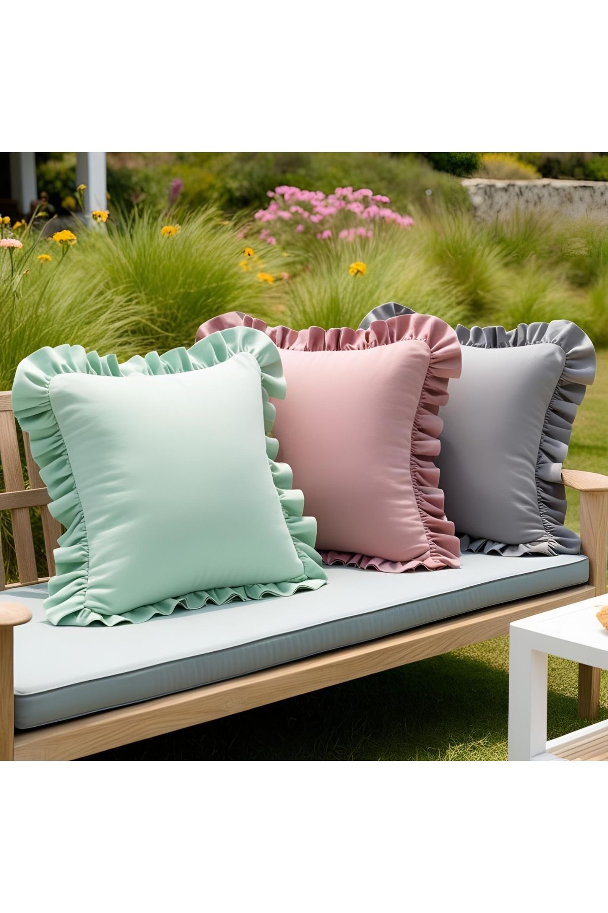 Bc Home 3'lü Mint Yeşili - Gül Kurusu Pembe- Gri Country Fırfırlı Kare Kırlent Kılıfı Vintage,Bohem