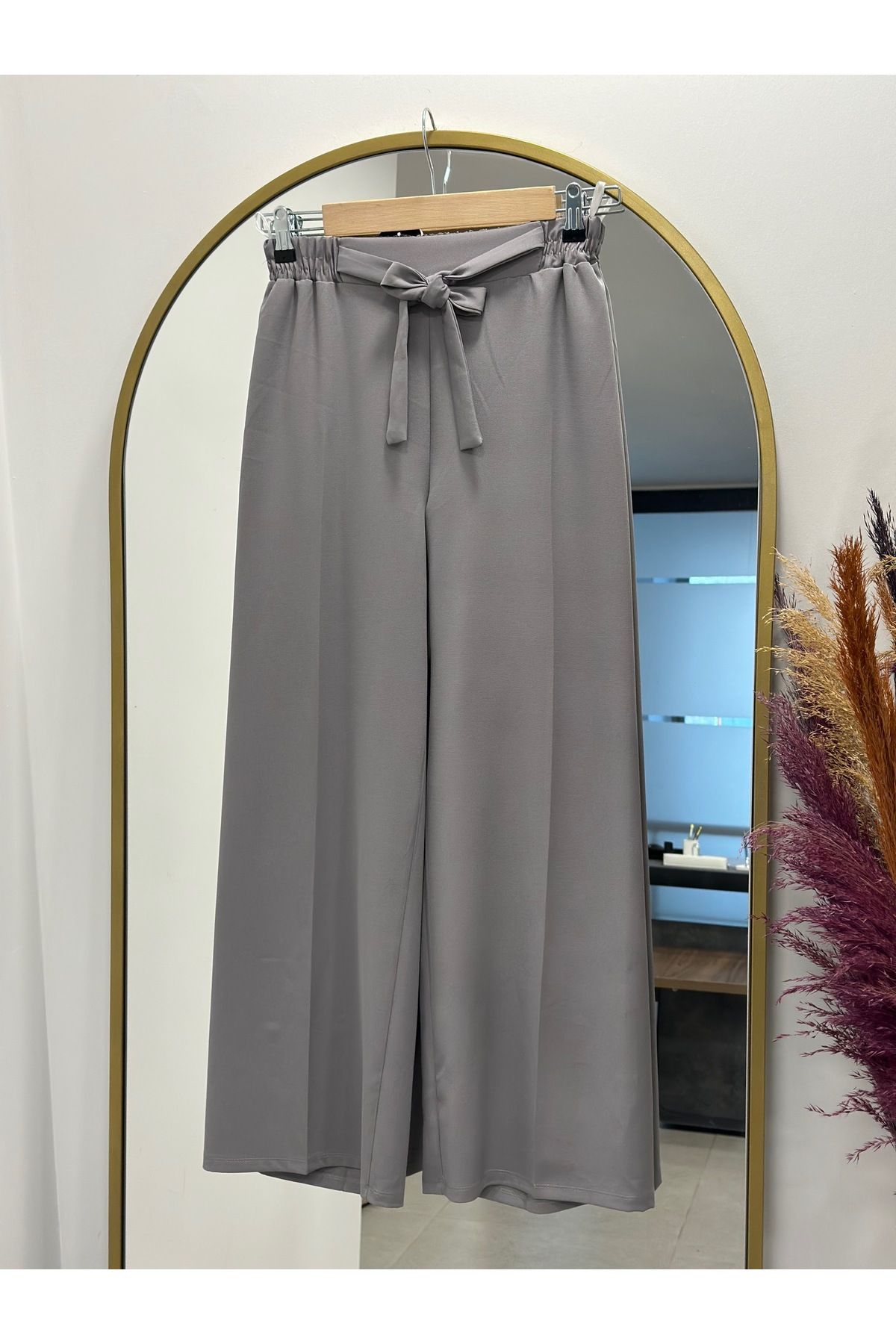 MİHRA STORE Asu Kuşaklı Bol Paça Pantolon-MT1445 Gri