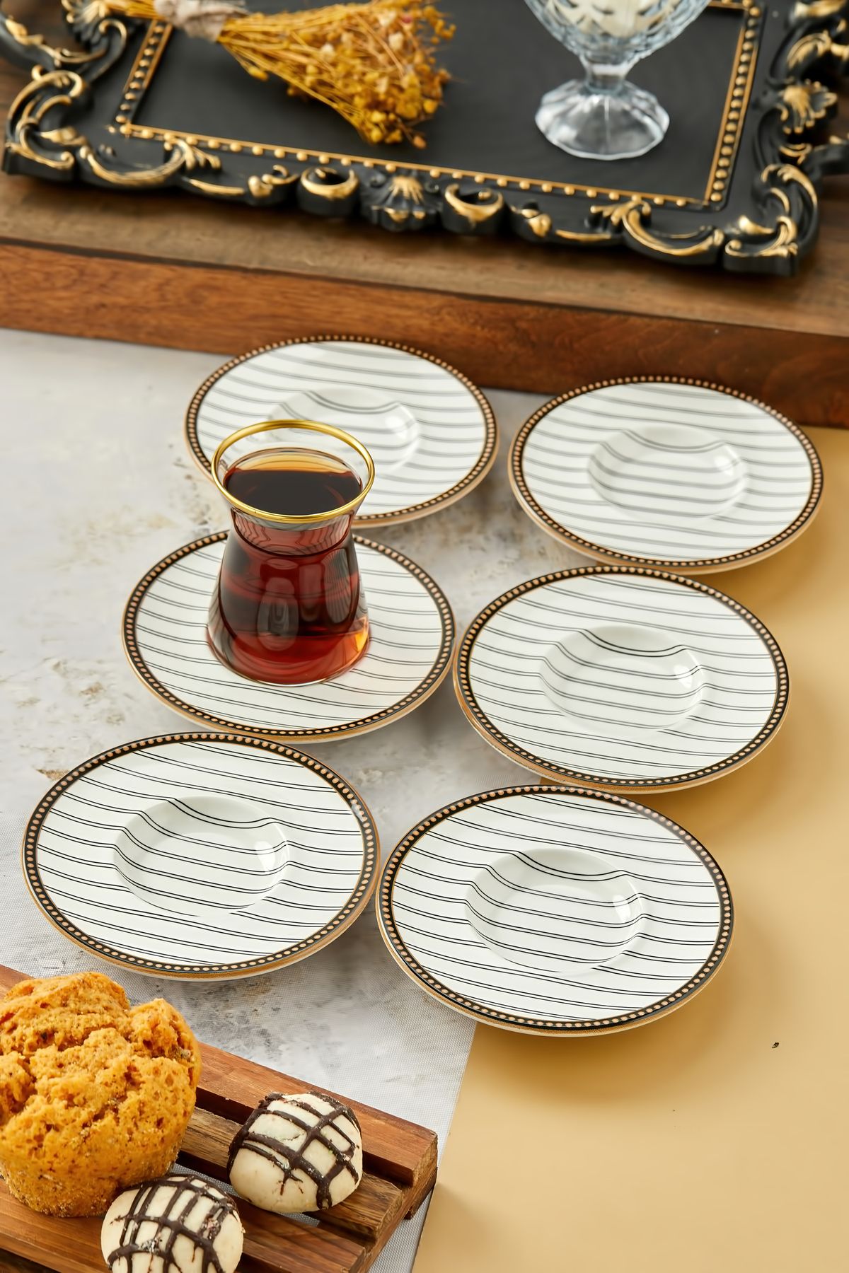 Babion Çizgi Model 6 Kişilik Çay Tabağı, Bardak Altlığı