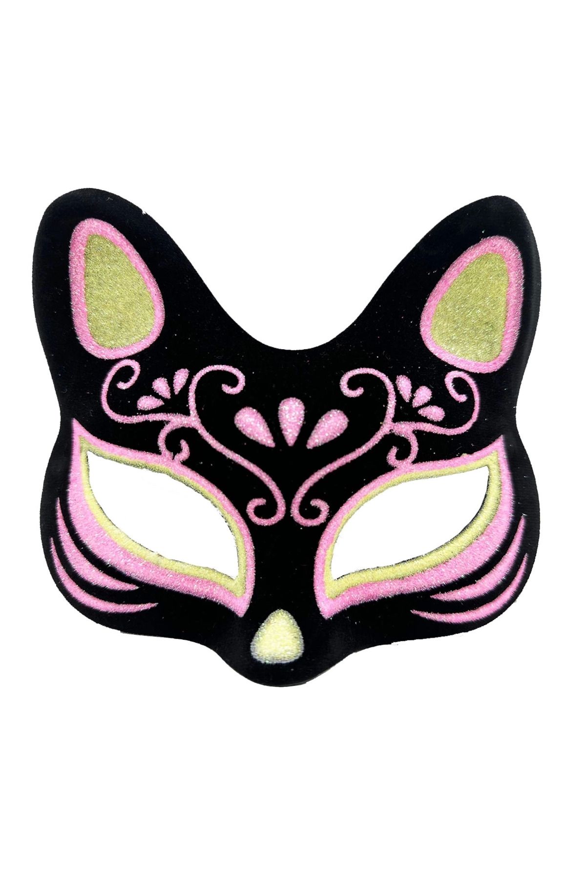 Yuba Avm Siyah Renk Süet Kaplama Üzeri Sarı Pembe Simli Kedi Maskesi 17x14 Cm