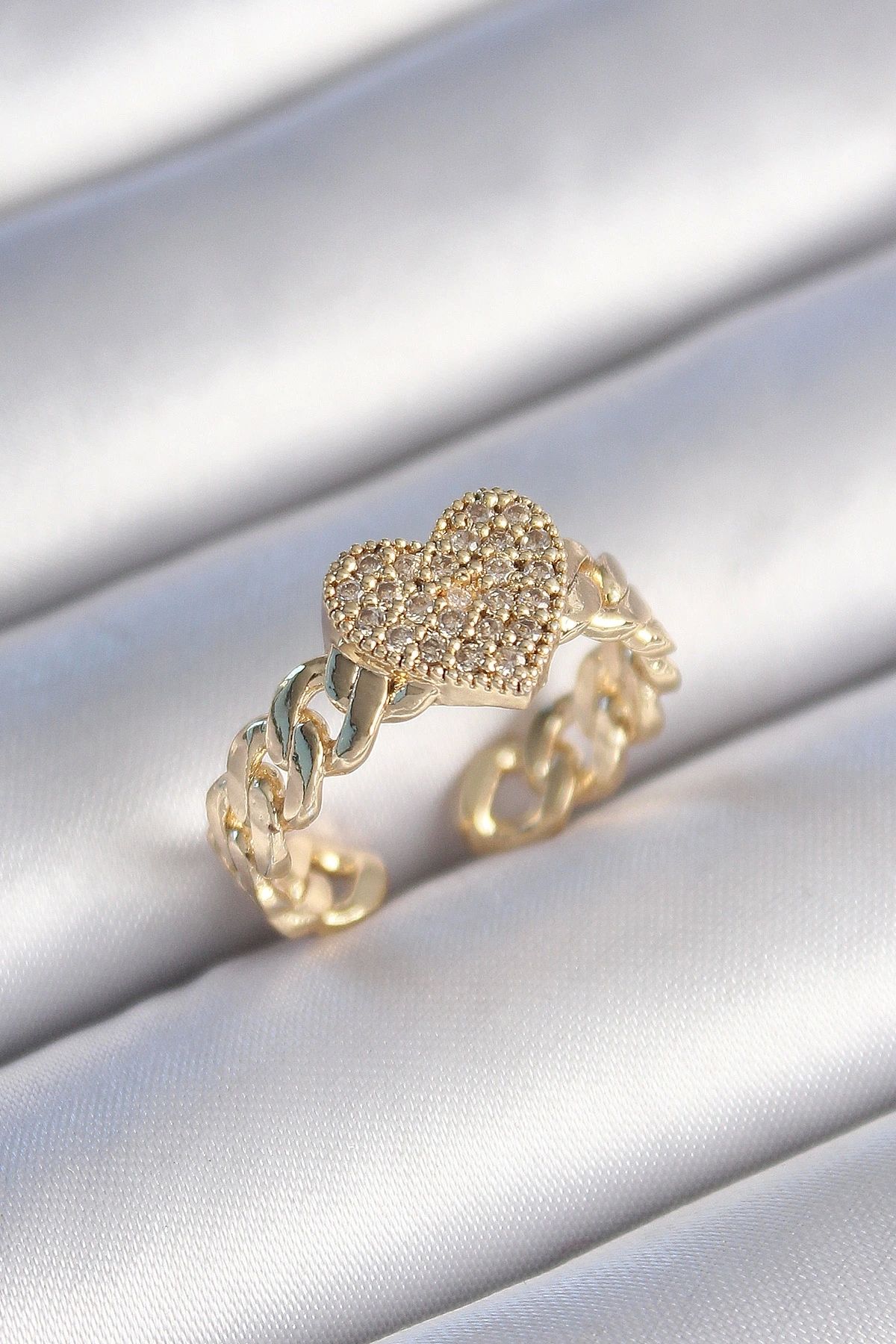 OurStyles Pirinç Gold Renk Zincir Kordon Zirkon Taşlı Kalp Model Kadın Yüzük - TJ-BYK3485