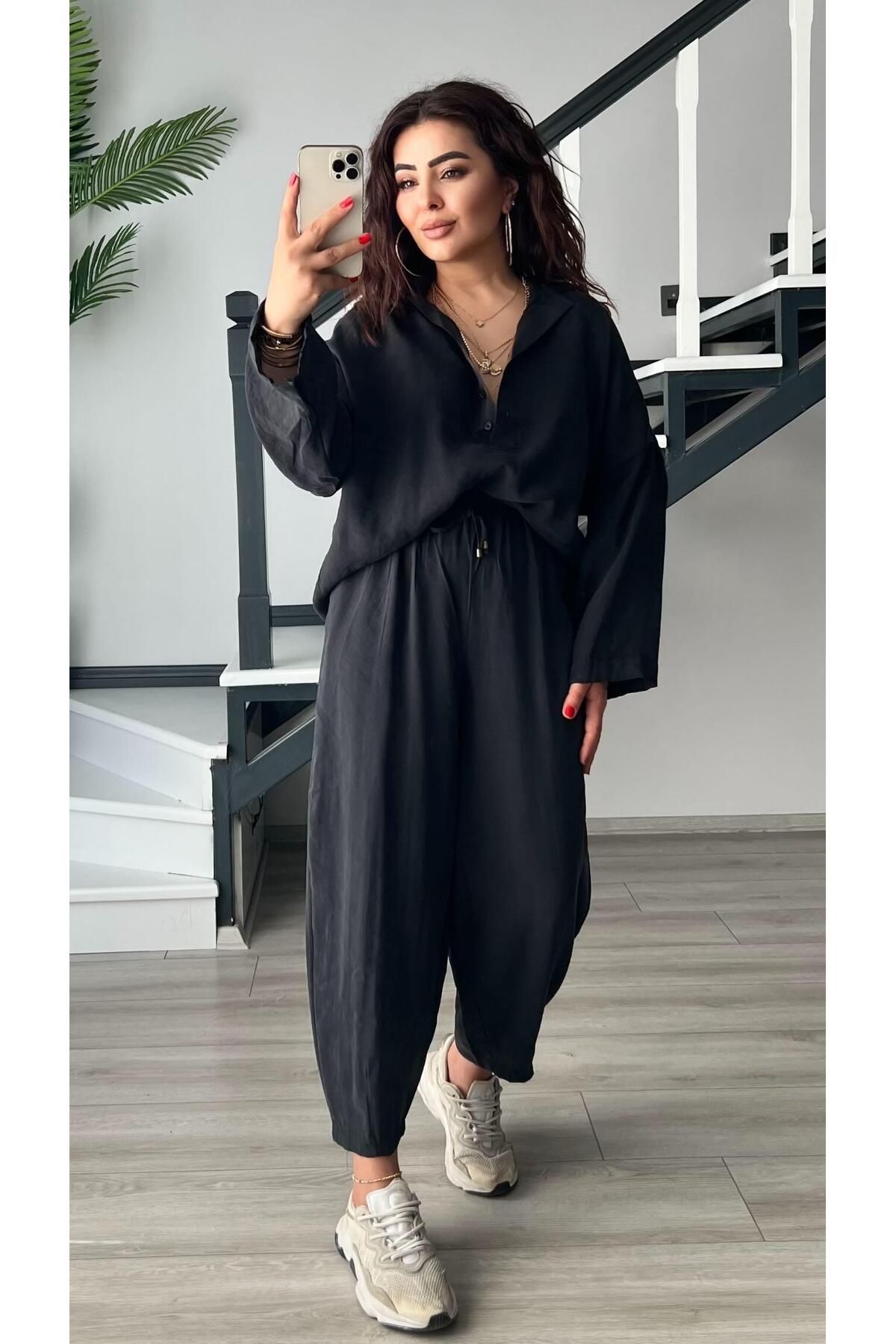 Oslove Siyah Tnsel Beli Lastikli Şalvar Pantolon