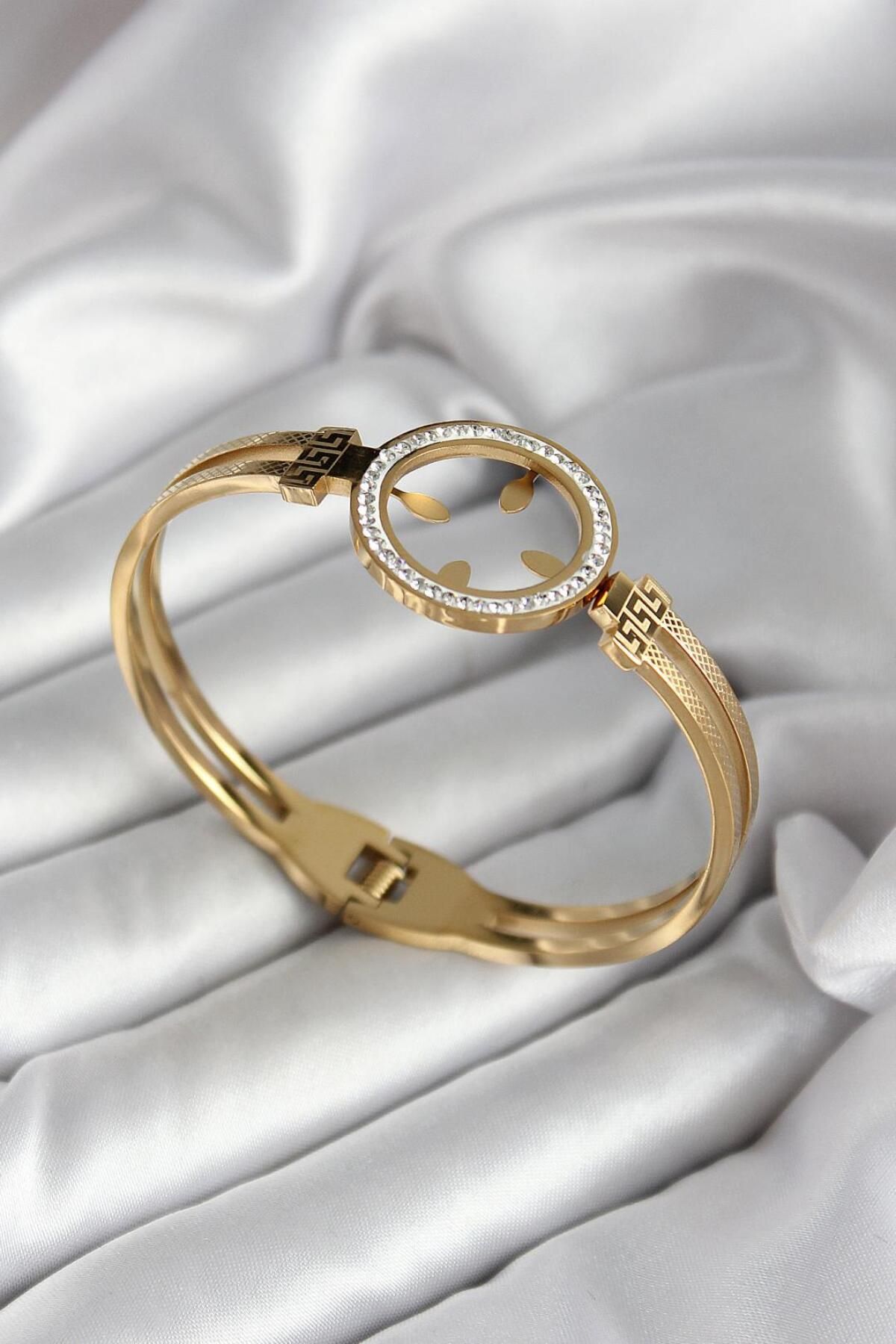 Zendoria Accessory Zirkon Taşlı 316L Çelik Çeyrek Takılabilir Gold Renk Kadın Kelepçe Bilezik