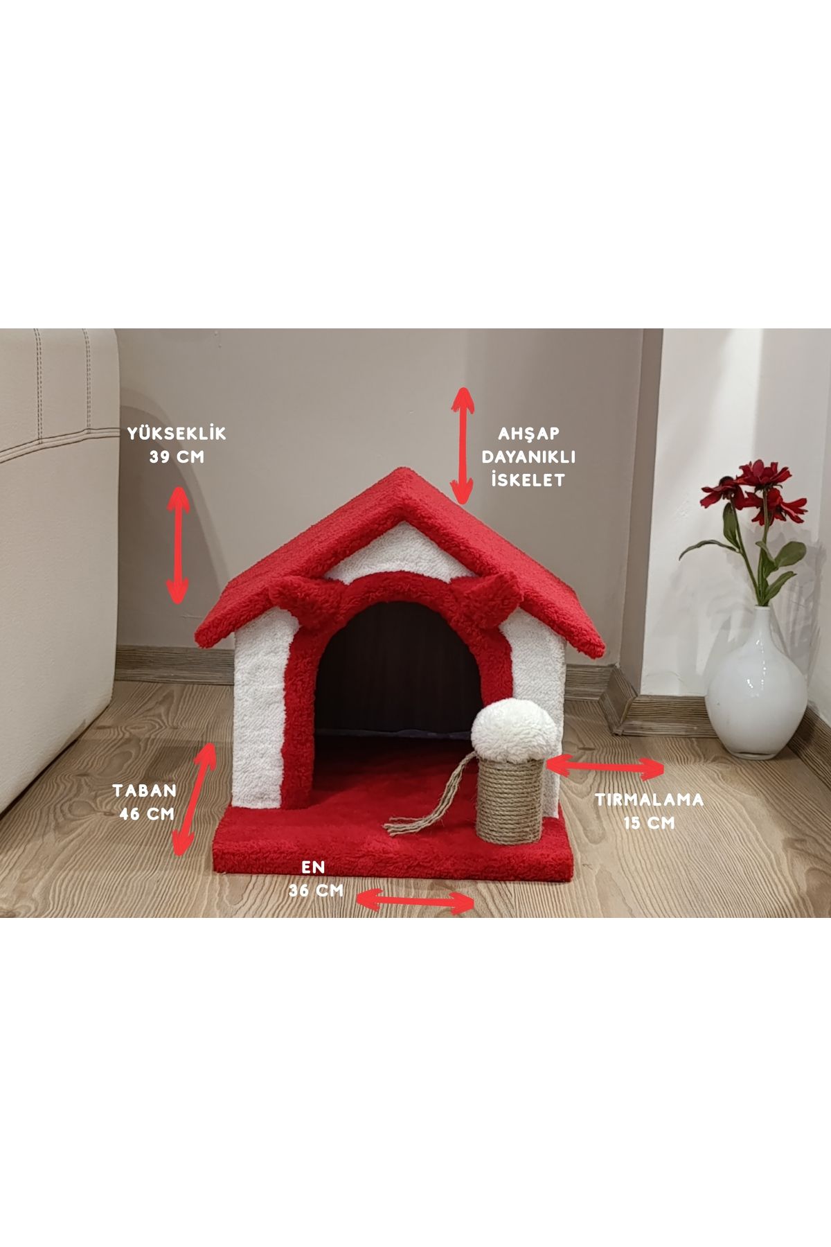 Rexon Deluxe Kulak Figürlü Kedi Evi Oyun Evi Tırmalama Pufu Ahşap Gövde Havlu Kaplama Kırmızı