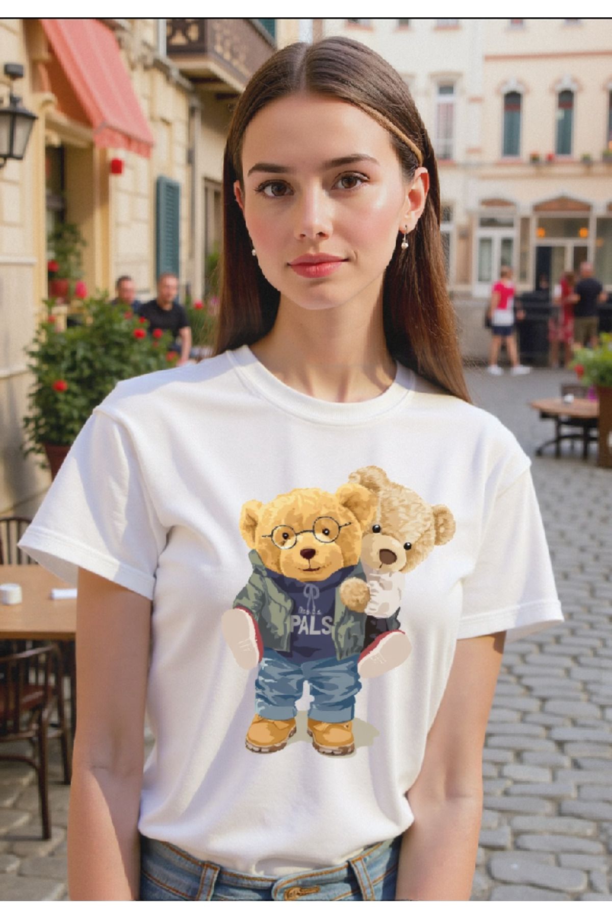 ELNOYA Unisex Pamuklu Beyaz Oversize "Baba Oğul Ayı" Baskılı Rahat Günlük T-shirt