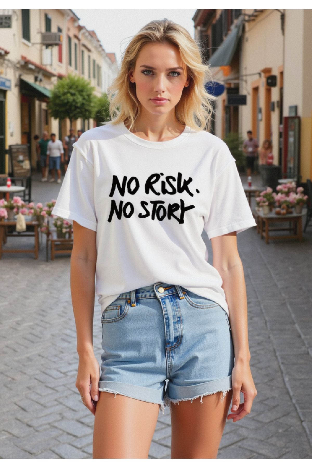 ELNOYA Unisex Pamuklu Beyaz Oversize "No Risk No Story" Baskılı Rahat Günlük T-shirt