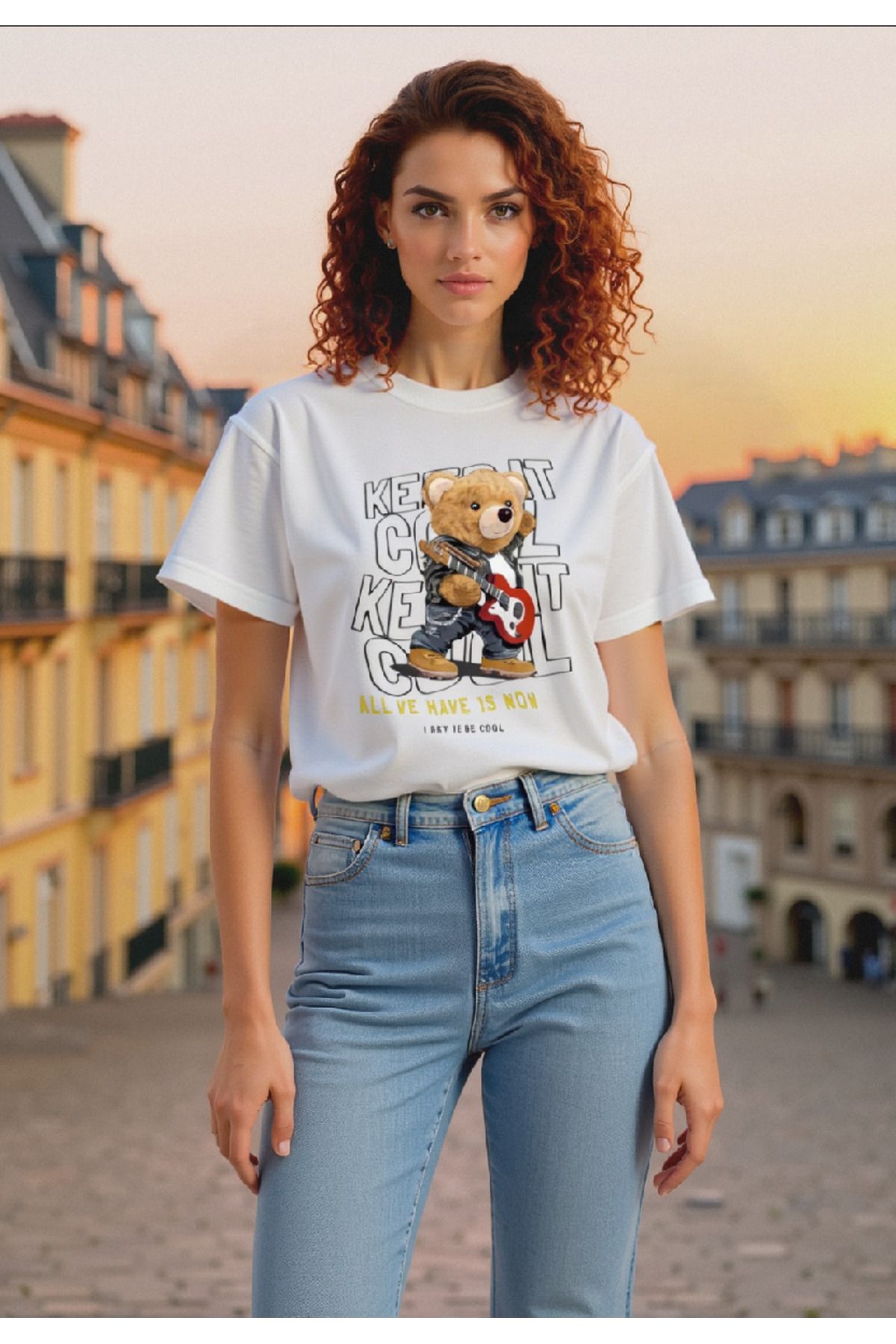 ELNOYA Unisex Pamuklu Beyaz Oversize "Keep It Cool" Baskılı Rahat Günlük T-shirt