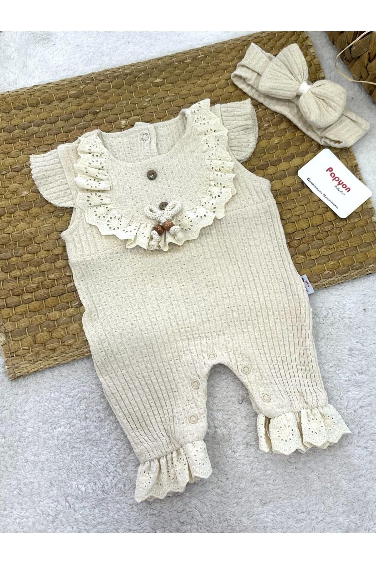 Papyon Baby Kids Taşlı Düğmeli Güpürlü Kız Bebek Jakarlı Şort Tulum (0-3/3-6/6-9/9-12 Ay)