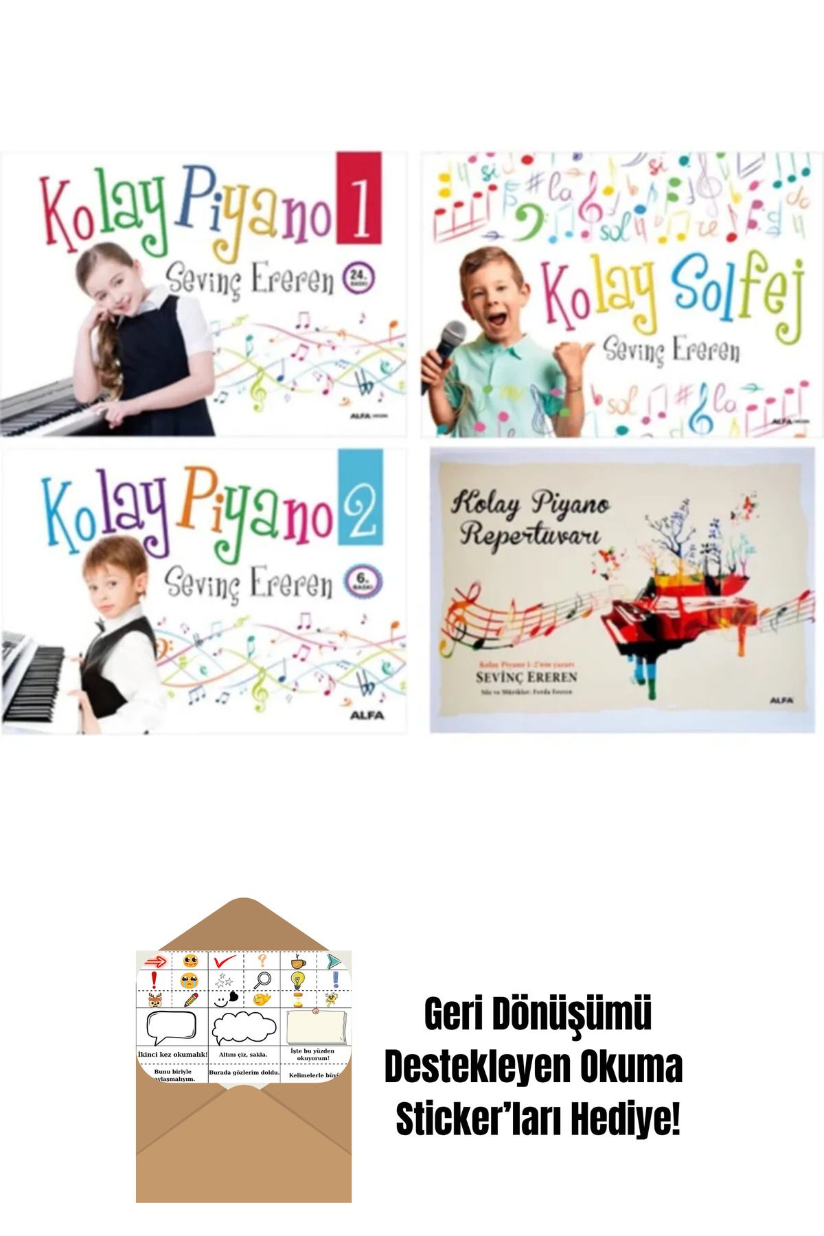 Alfa Yayınları Sevinç Ereren 4 Kitap Set / Kolay Piyano 1-2 - Kolay Solfej + Okuma Sticker'ları
