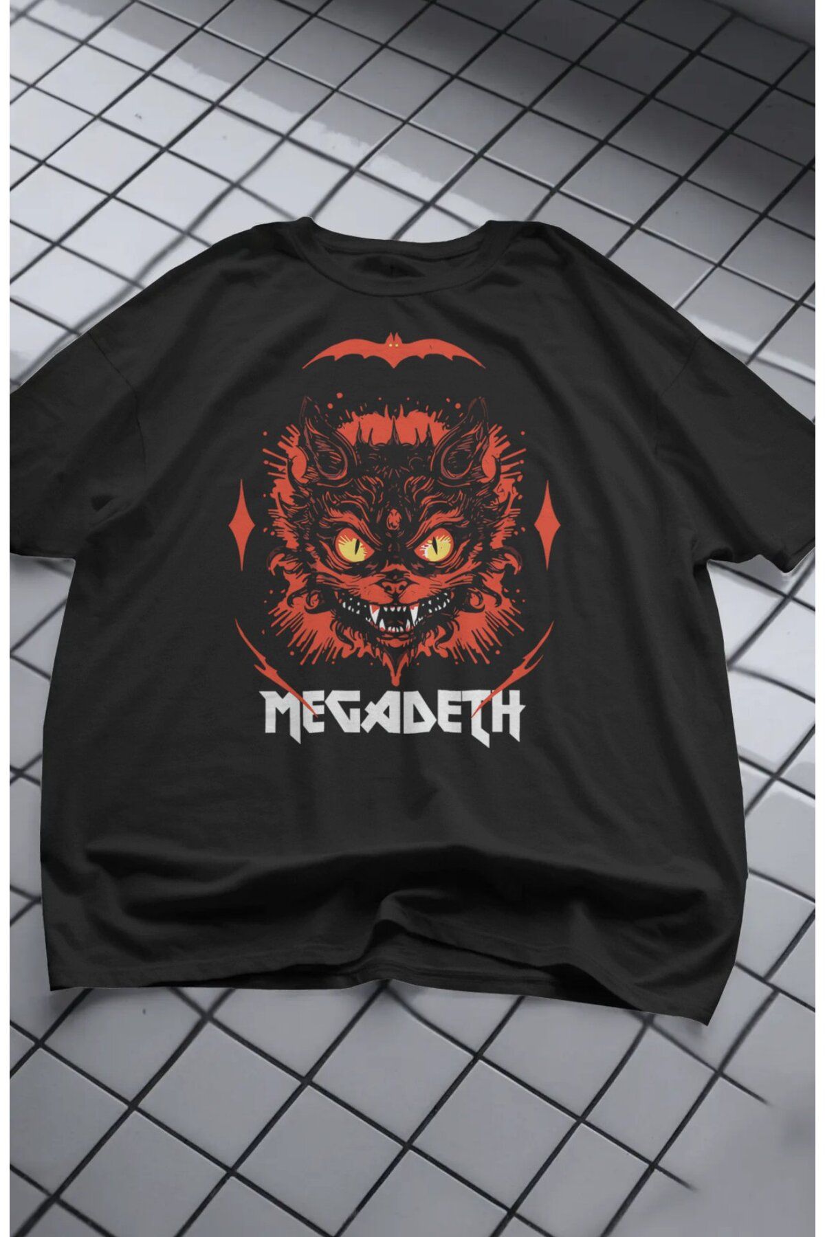 Fuddy Moda Unisex Megadeth Scary Cat Baskılı Tişört, Oversize Rock Band Temalı T-shirt