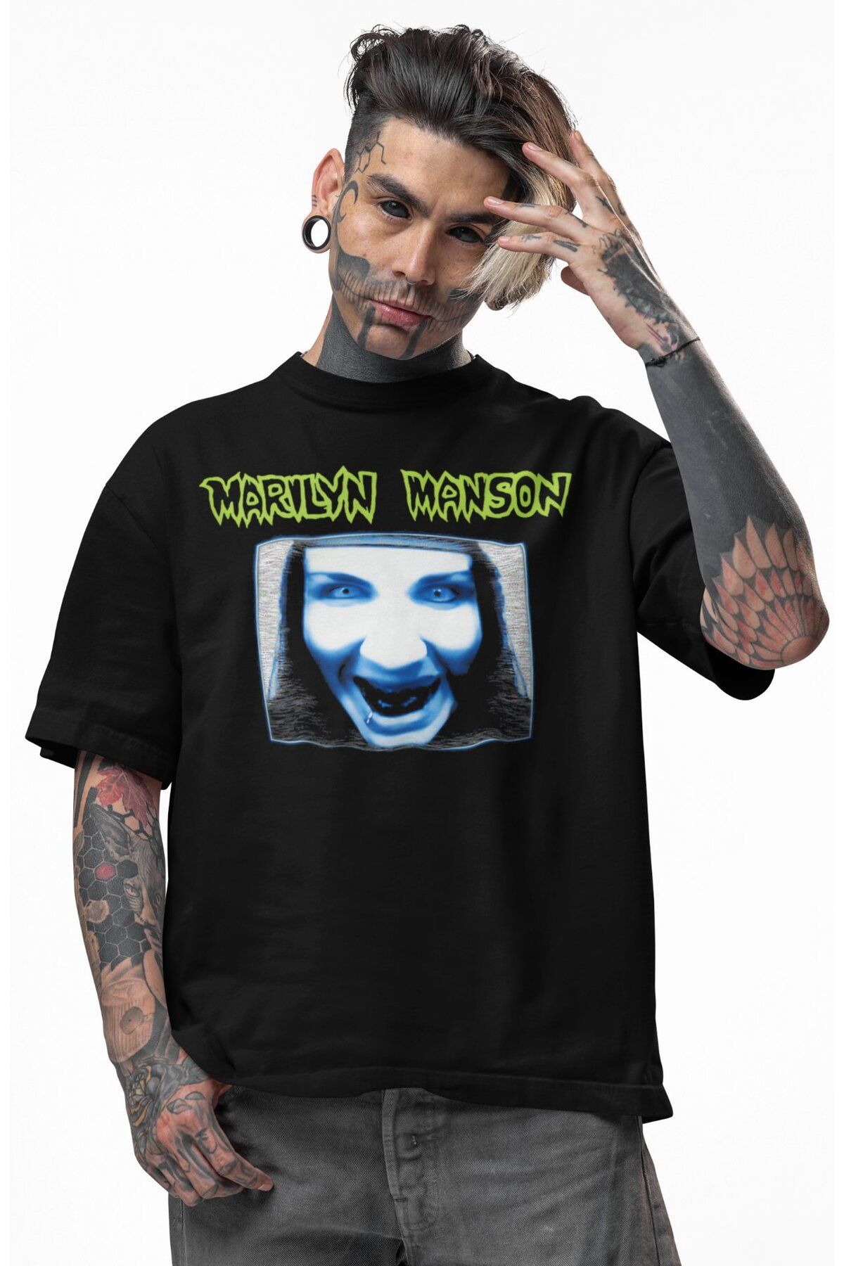 Fuddy Moda Unisex Marilyn Manson Baskılı Tişört, Oversize Rock Band Temalı T-shirt