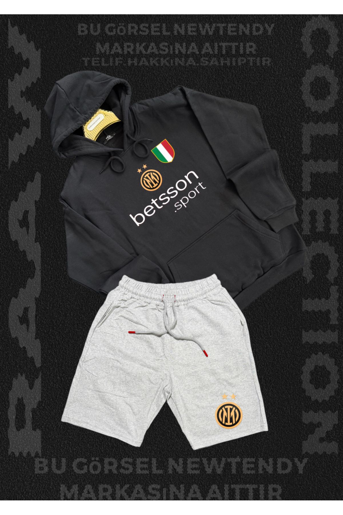 NEW TRENDY COLLECTİON ✅Inter Logolu Kapüşonlu Sweatshirt ve Açık Şort Takımı Erkek Taraftar Spor Giyim Seti 2li kombin