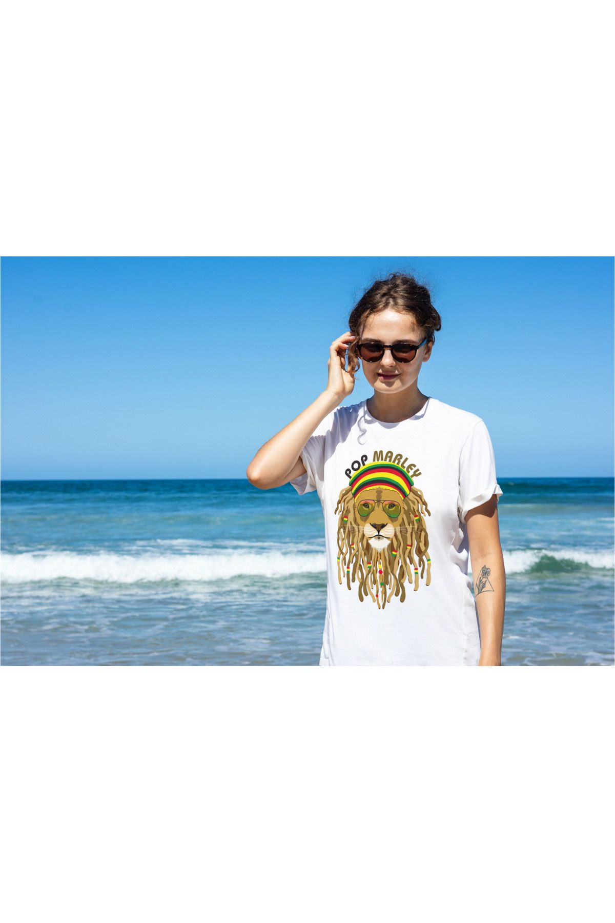 piopi pop Beyaz Oversize %100 Cotton Pop Marley Aslan Baskılı T-shirt