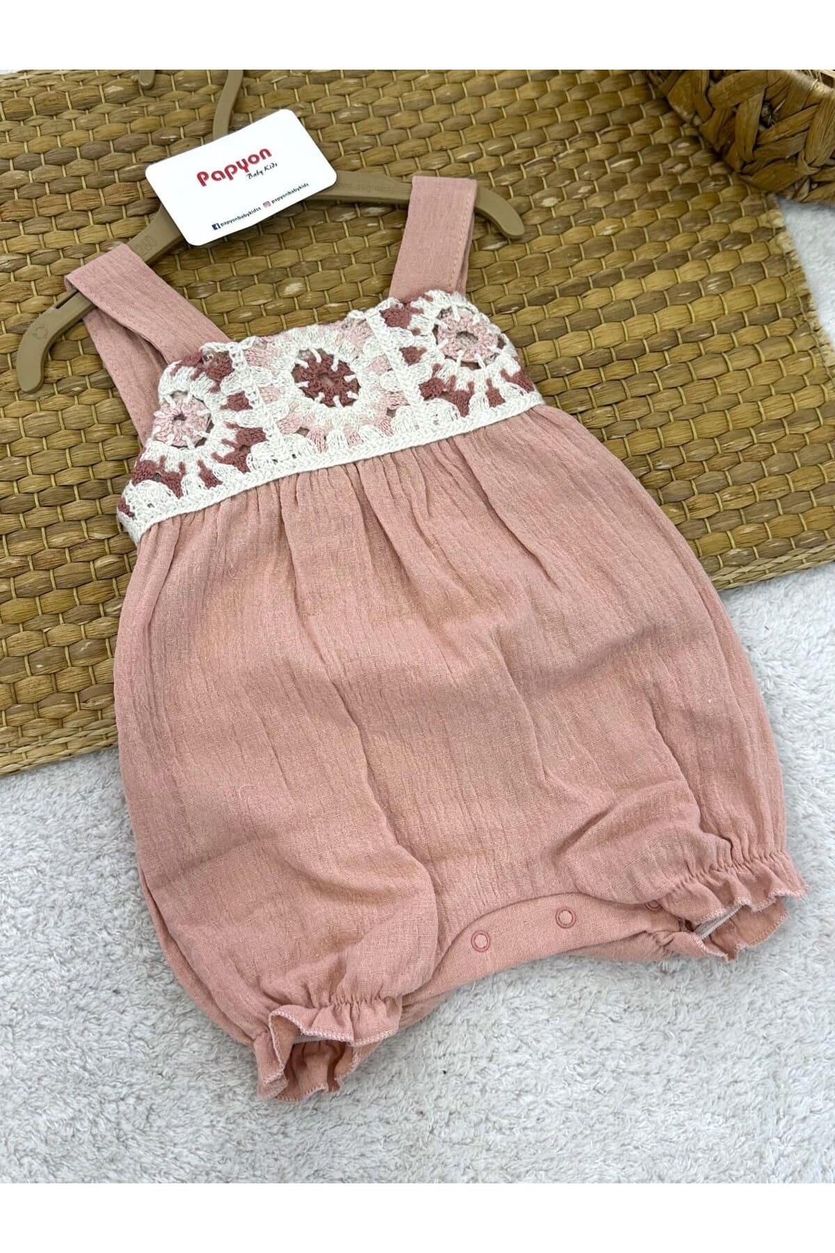 Papyon Baby Kids Tığ İşi Motifli Natural Kız Bebek Müslin Askılı Şort Tulum (3-6/6-9/9-12 Ay)