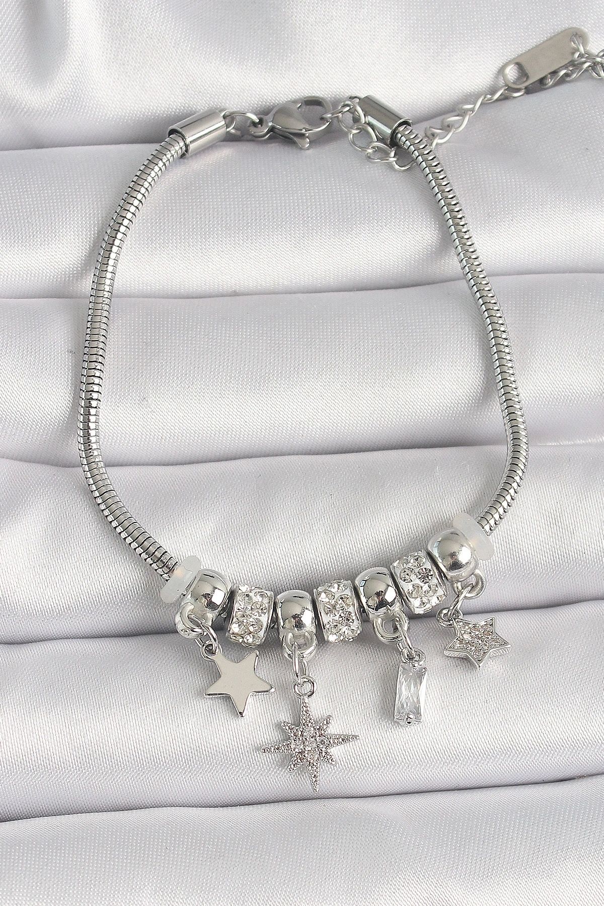 OurStyles 316L Çelik Gümüş Renk Zincir Sallantı Zirkon Taşlı Yıldız Model Kadın Bileklik - TJ-BB6693