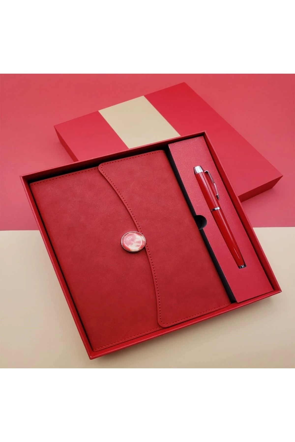 OurStyles Çizgili Defter Ve Metal Kalem Seti Kırmızı