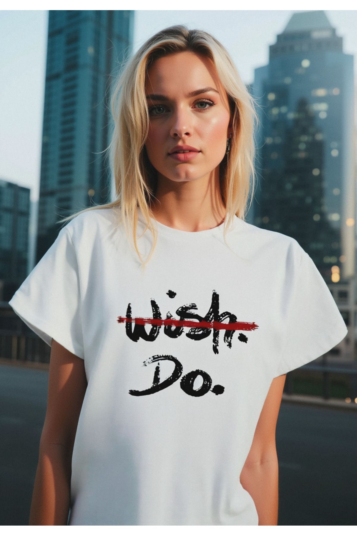 ELNOYA Unisex Pamuklu Beyaz Oversize "Wish Do" Baskılı Rahat Günlük T-shirt