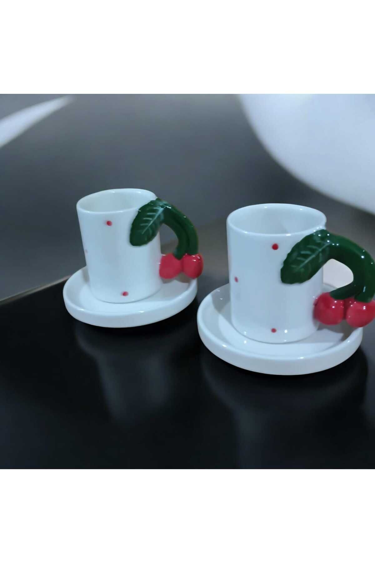 seda seramik EL YAPIMI2 KİŞİLİK 4 PARÇALI KİRAZ KULPLU KAHVE FİNCAN TAKIMI 110 ML.