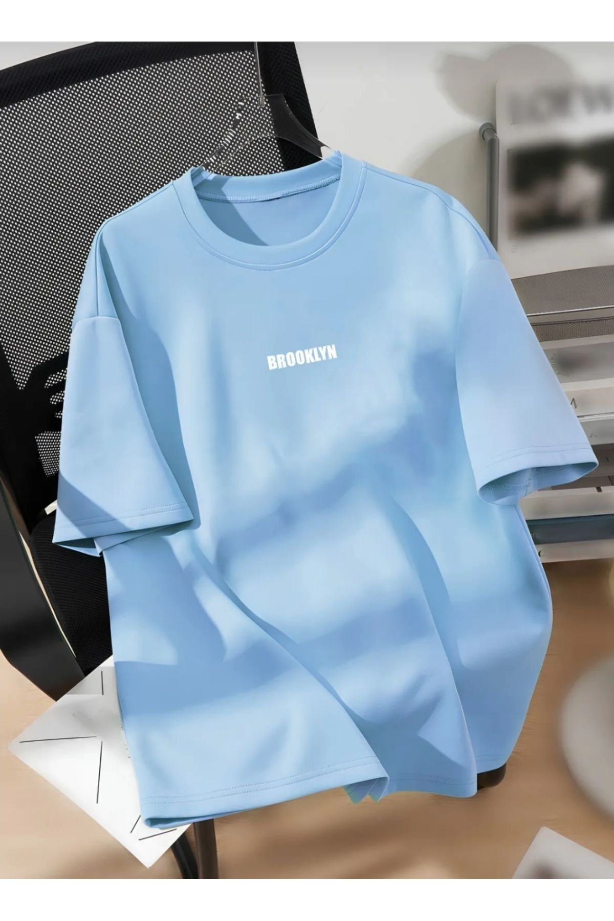 Man Unisex Erkek/Kadın BROOKLYN Renkli Özel Baskılı Oversize Pamuklu Bisiklet Yaka T-shirt