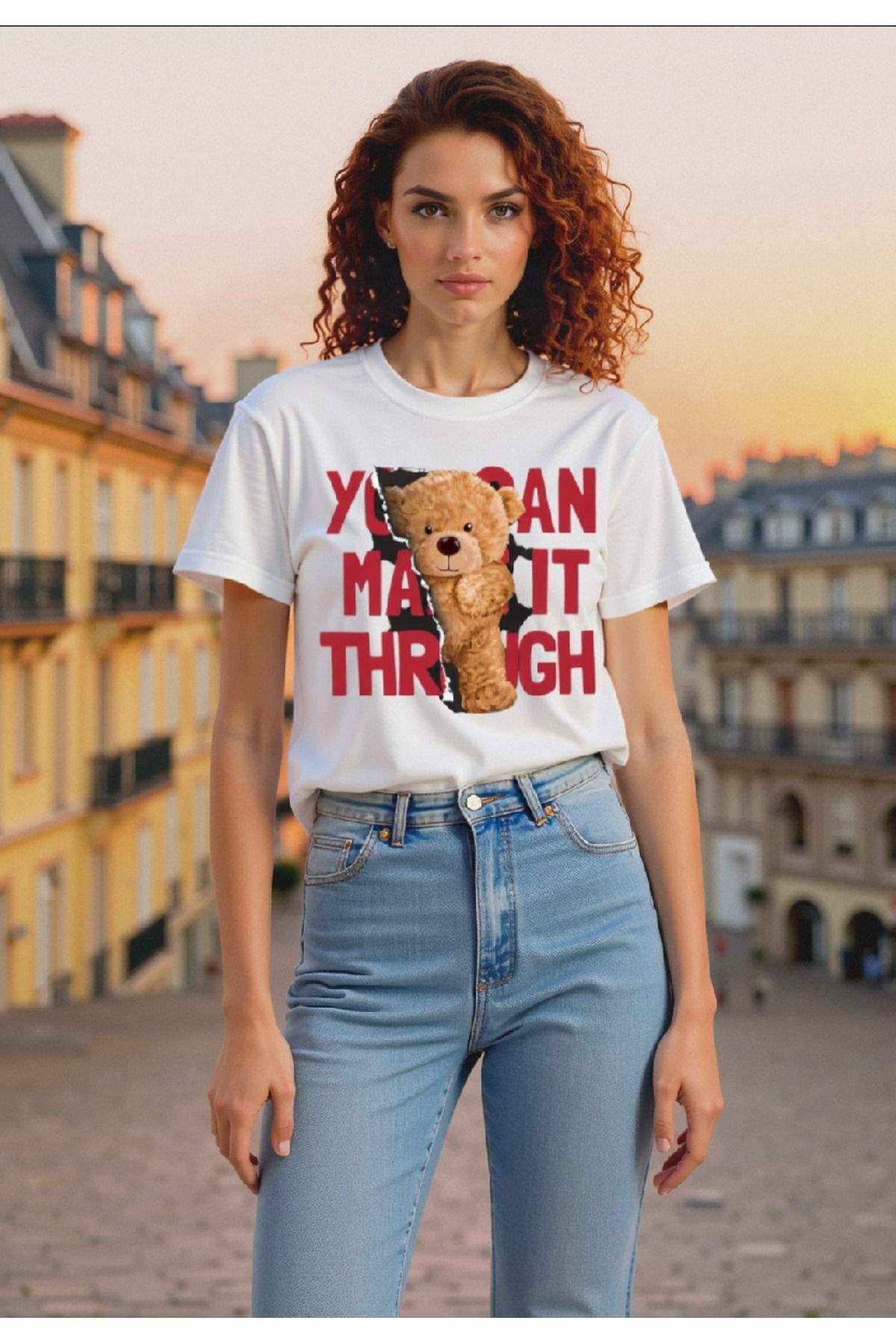 ELNOYA Unisex Pamuklu Beyaz Oversize "You Can Make It Thrugh" Baskılı Rahat Günlük T-shirt