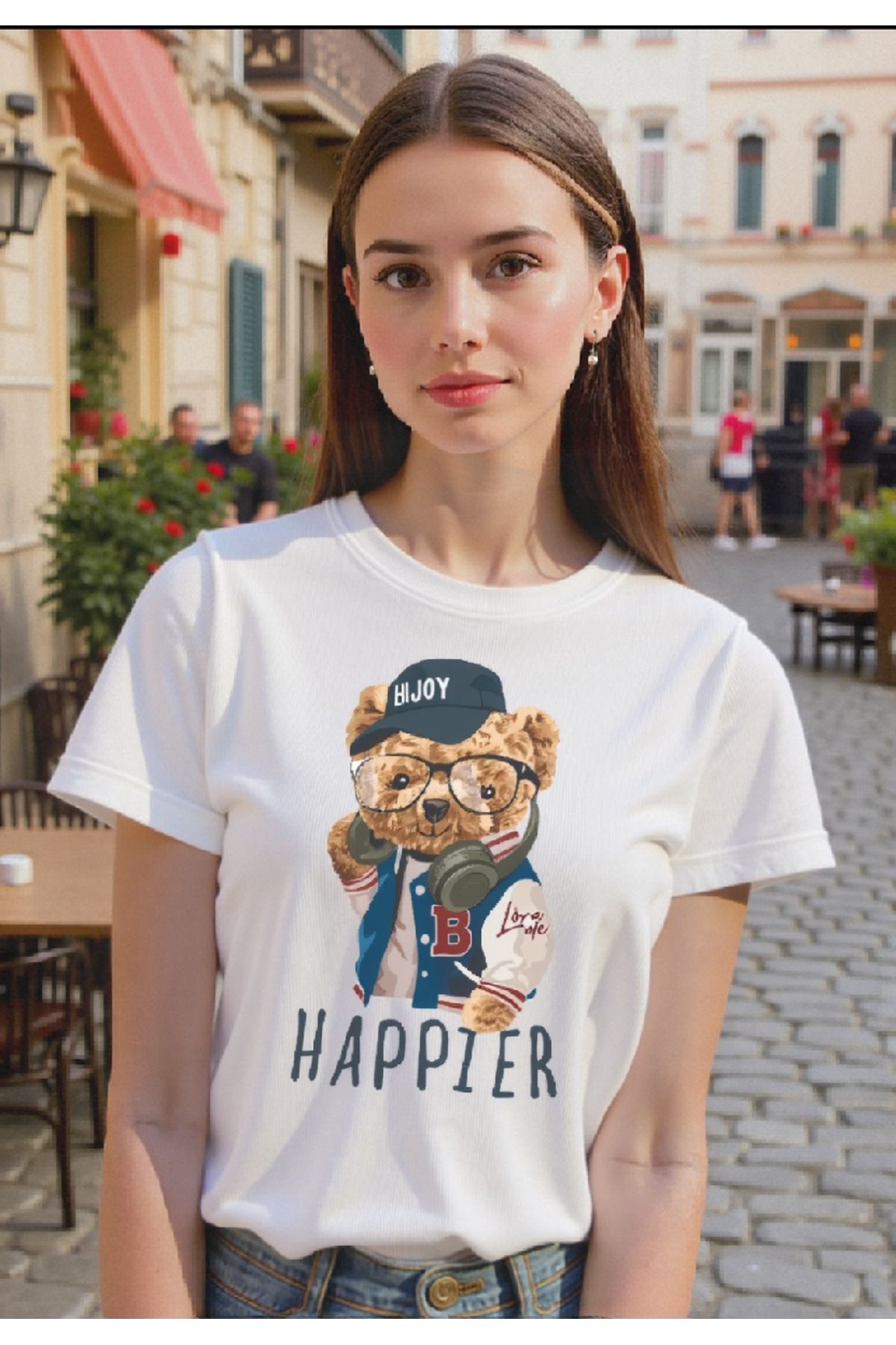 ELNOYA Unisex Pamuklu Beyaz Oversize "HAPPIER" Baskılı Rahat Günlük T-shirt