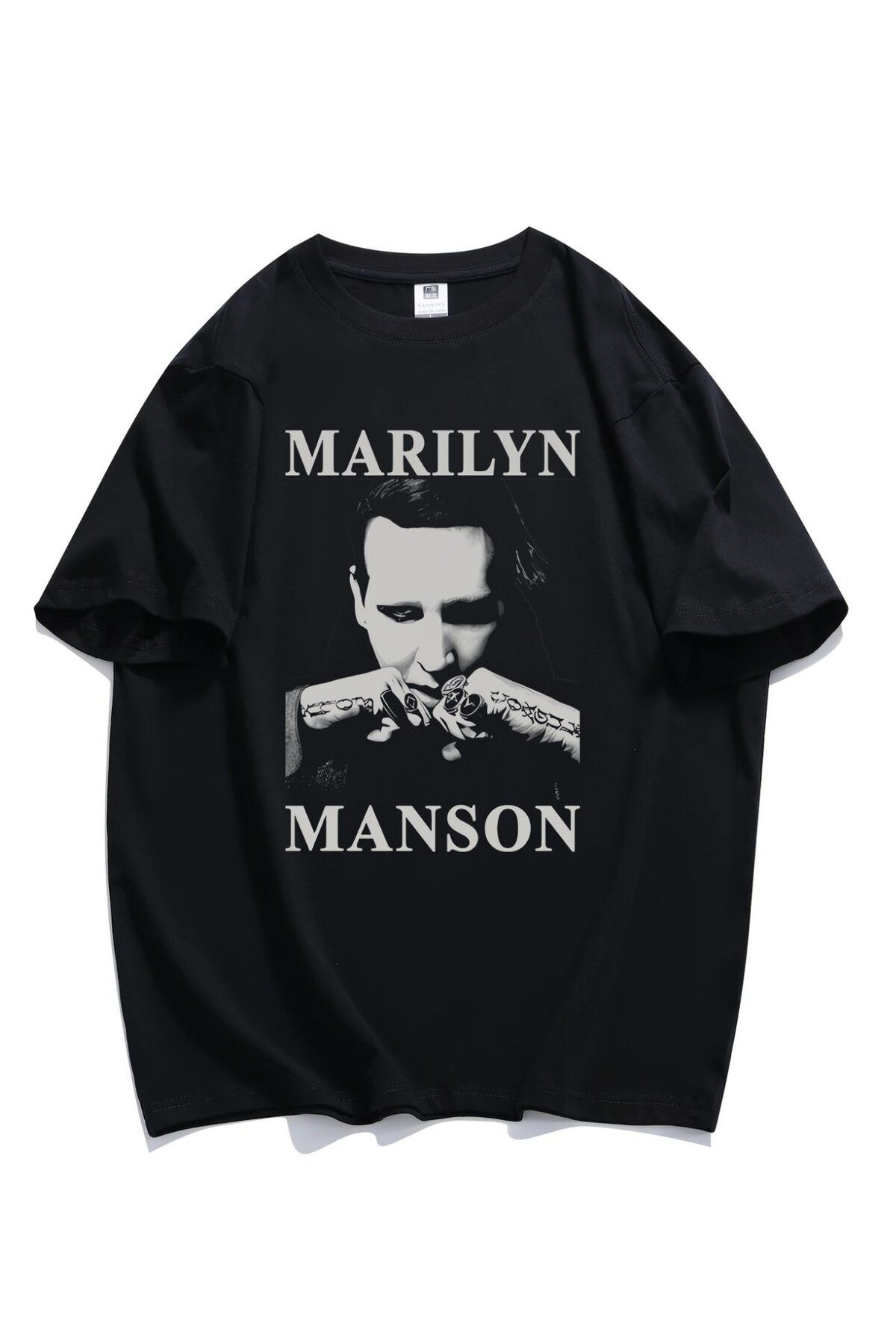 Fuddy Moda Unisex Marilyn Manson Tattooed Baskılı Tişört, Oversize Rock Müzik Temalı T-shirt