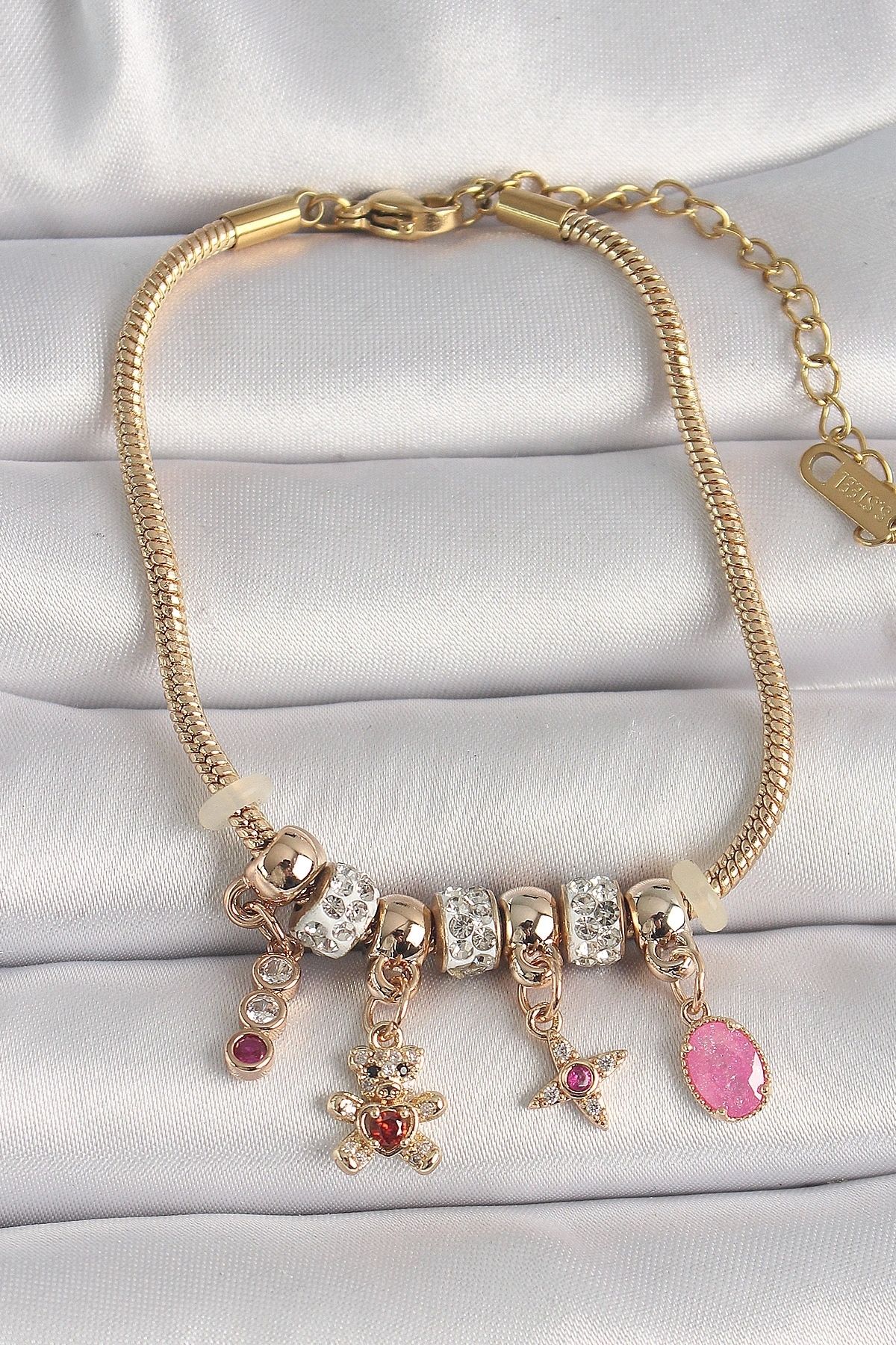 OurStyles 316L Çelik Gold Renk Zincir Sallantı Zirkon Taşlı Ayıcık Figür Yıldız Detay Kadın Bileklik - TJ-BB67