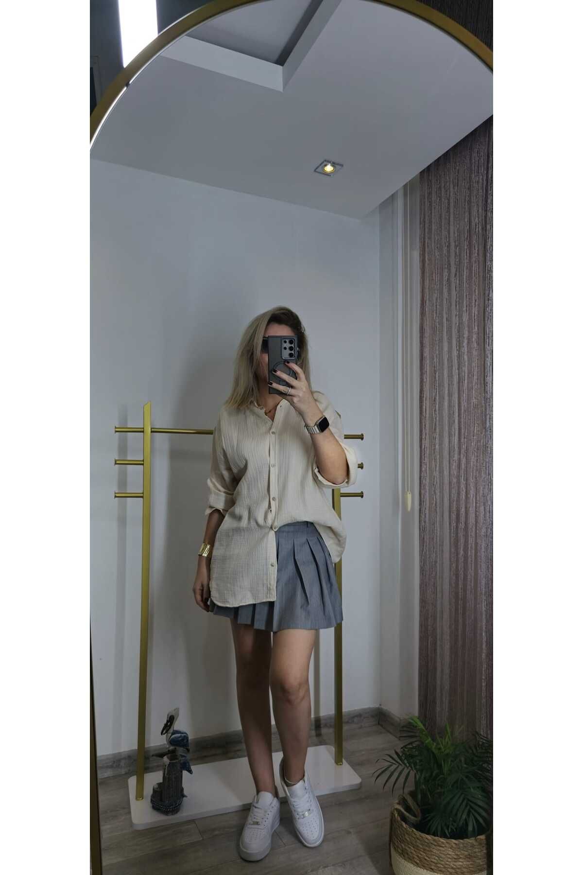 Butik BEJ MUSLİN KUMAŞ OVERSİZE GÖMLEK
