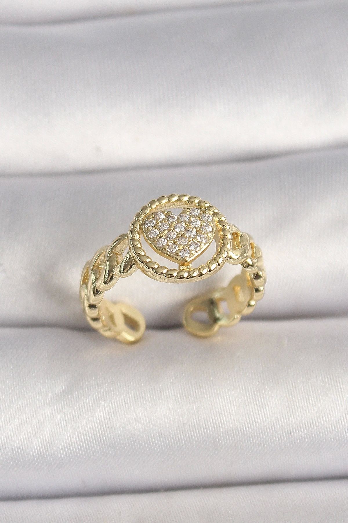 OurStyles Pirinç Gold Renk Ayarlanabilir Zirkon Taşlı Kalp Model Kadın Yüzük - TJ-BYK3604