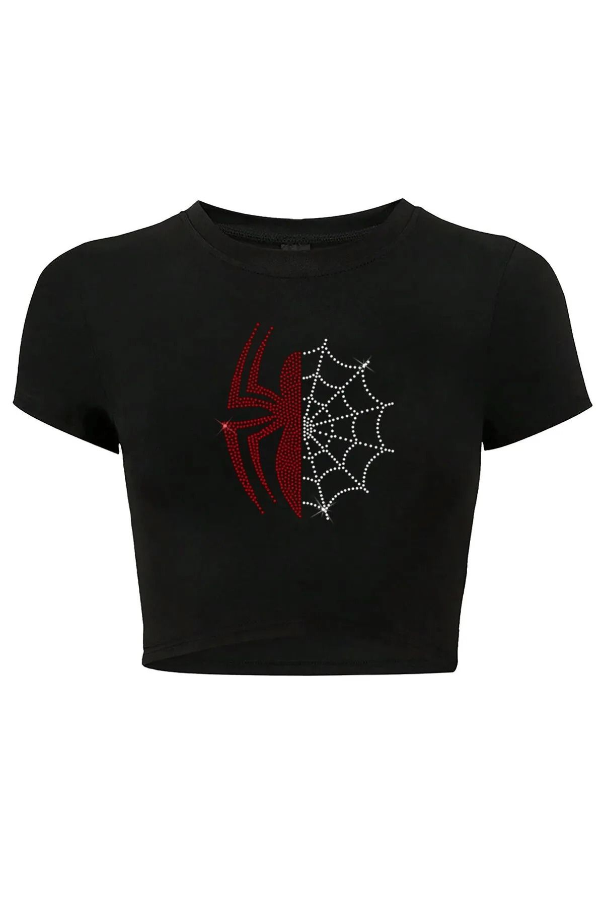 Bozz&Bozz Collection Kadın Renkli Spider Kristal Taş Baskılı Crop T-shirt