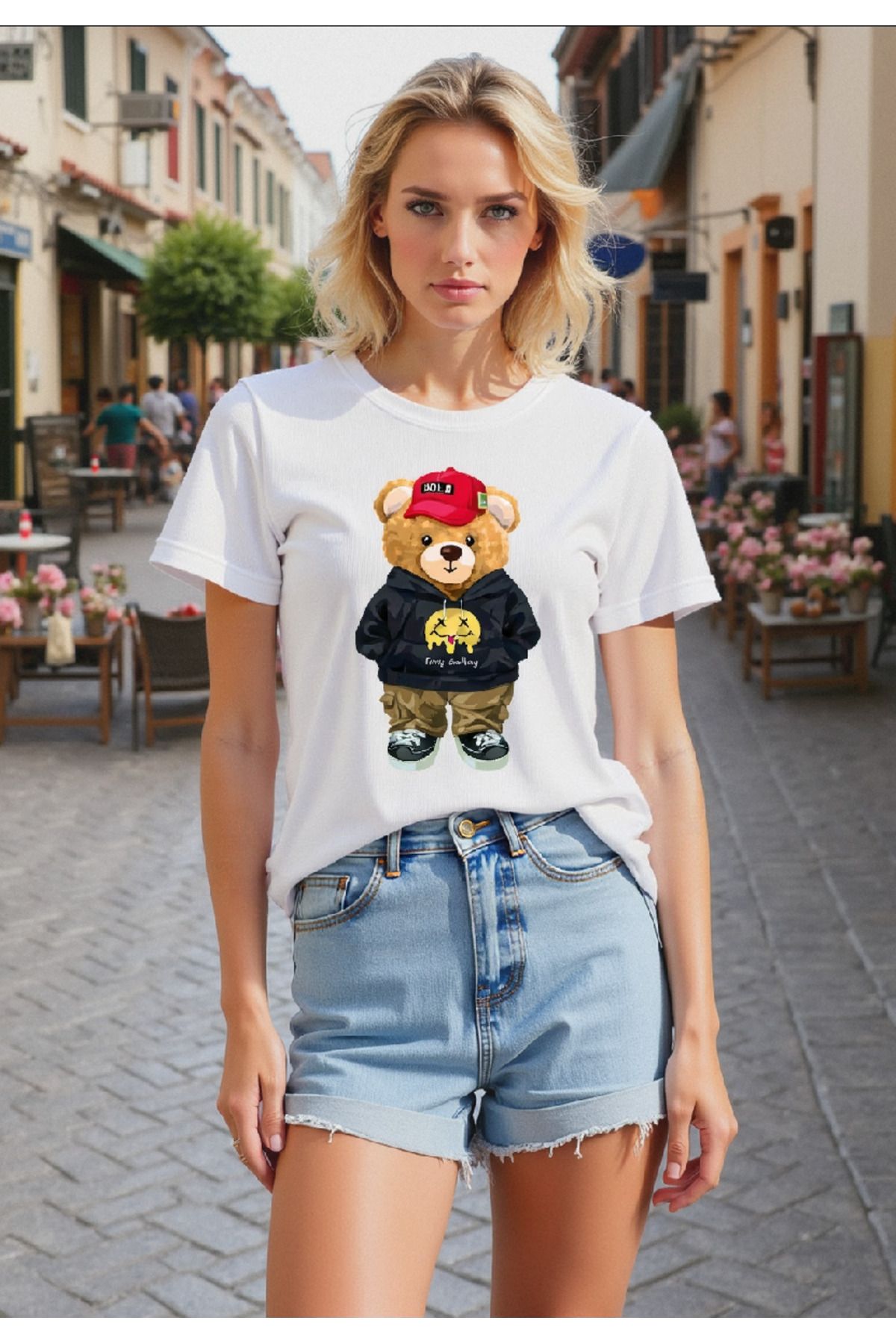 ELNOYA Unisex Pamuklu Beyaz Oversize "Sevimli Ayıcık" Baskılı Rahat Günlük T-shirt