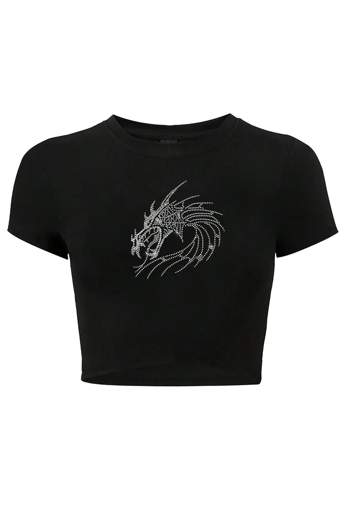 Bozz&Bozz Collection Kadın White Dragon Kristal Taş Baskılı Crop