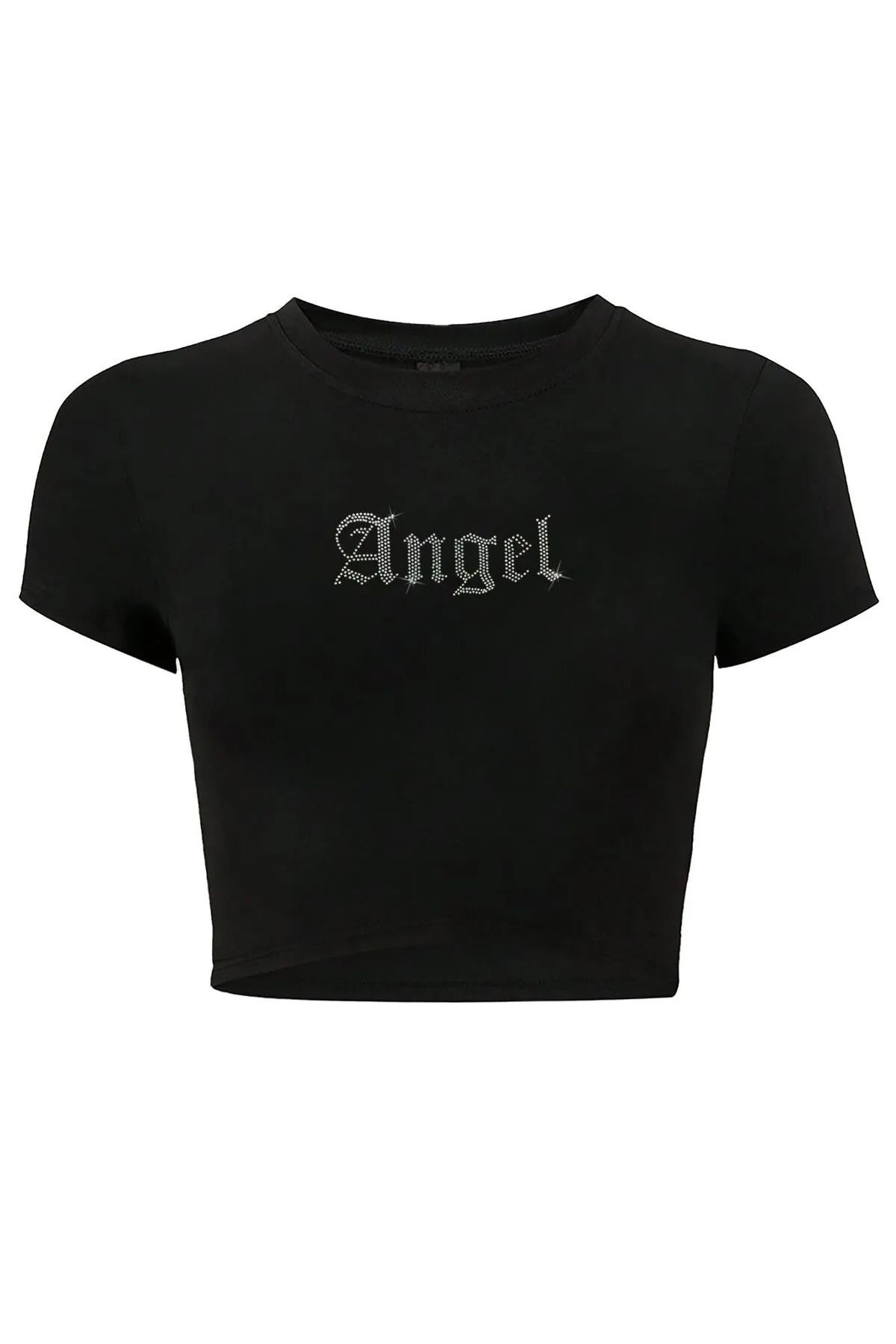 Bozz&Bozz Collection Kadın Angel Kristal Taş Baskılı Crop T-shirt