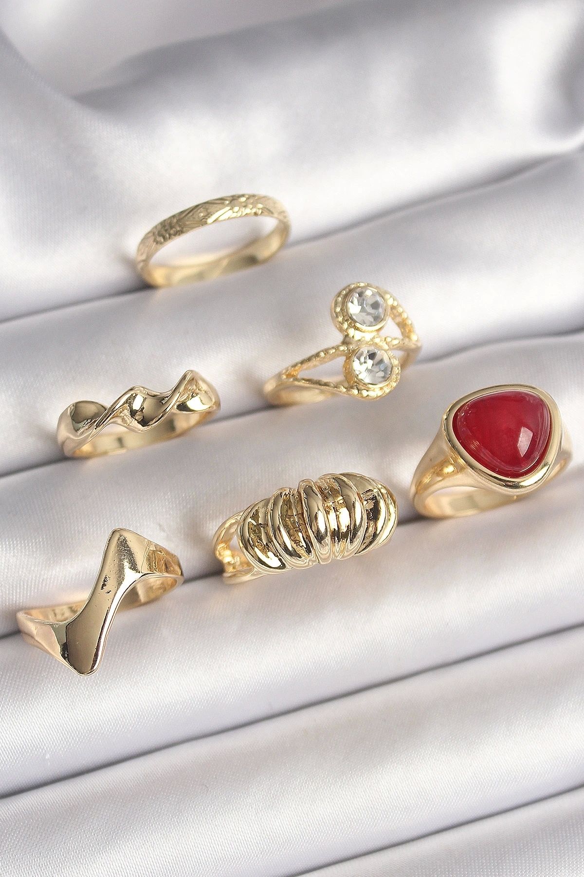 OurStyles Pirinç Gold Renk Sarmal Modl Zirkon Taşlı Sarmal Detay 6'Lı Kadın Yüzük Seti - TJ-BYK3617