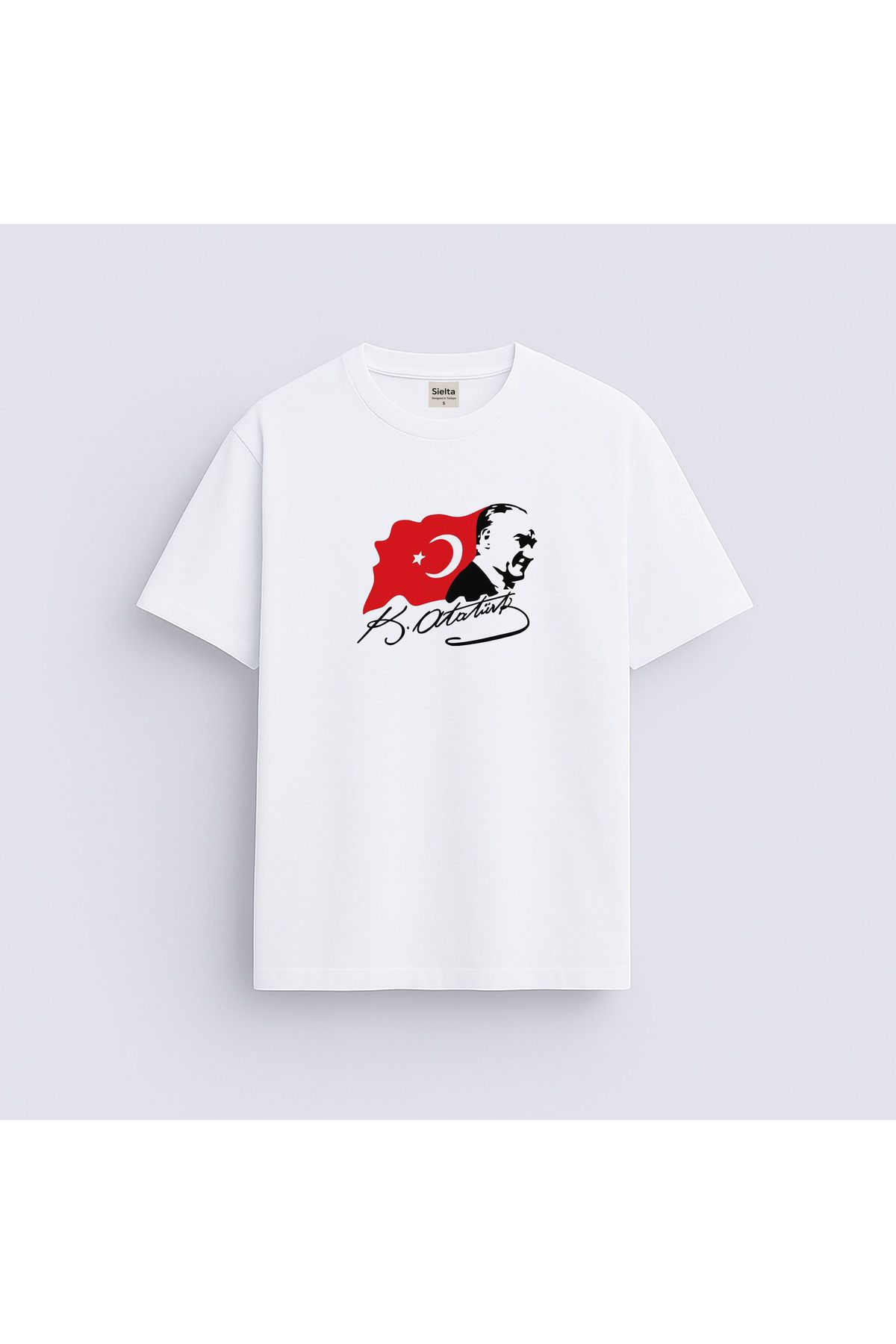 sielta Türk Bayrağı Atatürk Baskılı Bisiklet Yaka Çocuk Yetişkin Beyaz Tişört T-hsirt