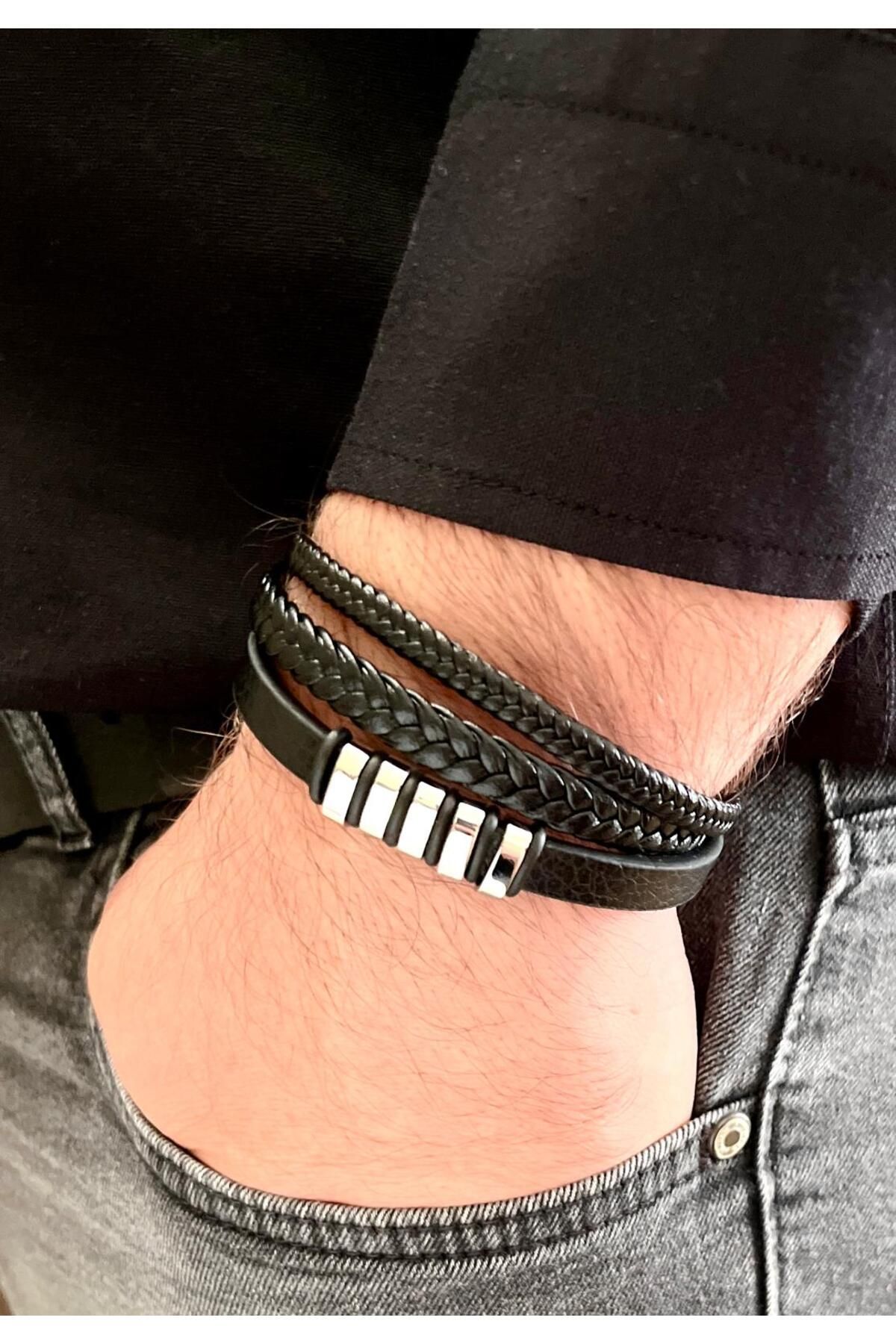 Bay hediye %100 Deri&Çelik Mixli Trend 3lü Model Şık Siyah Erkek Bileklik 21 cm