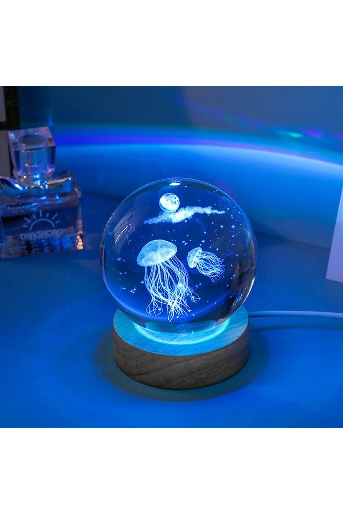 OurStyles Ahşap Altlıklı Renk Değiştiren Cam Küre Deniz Anası RGB
