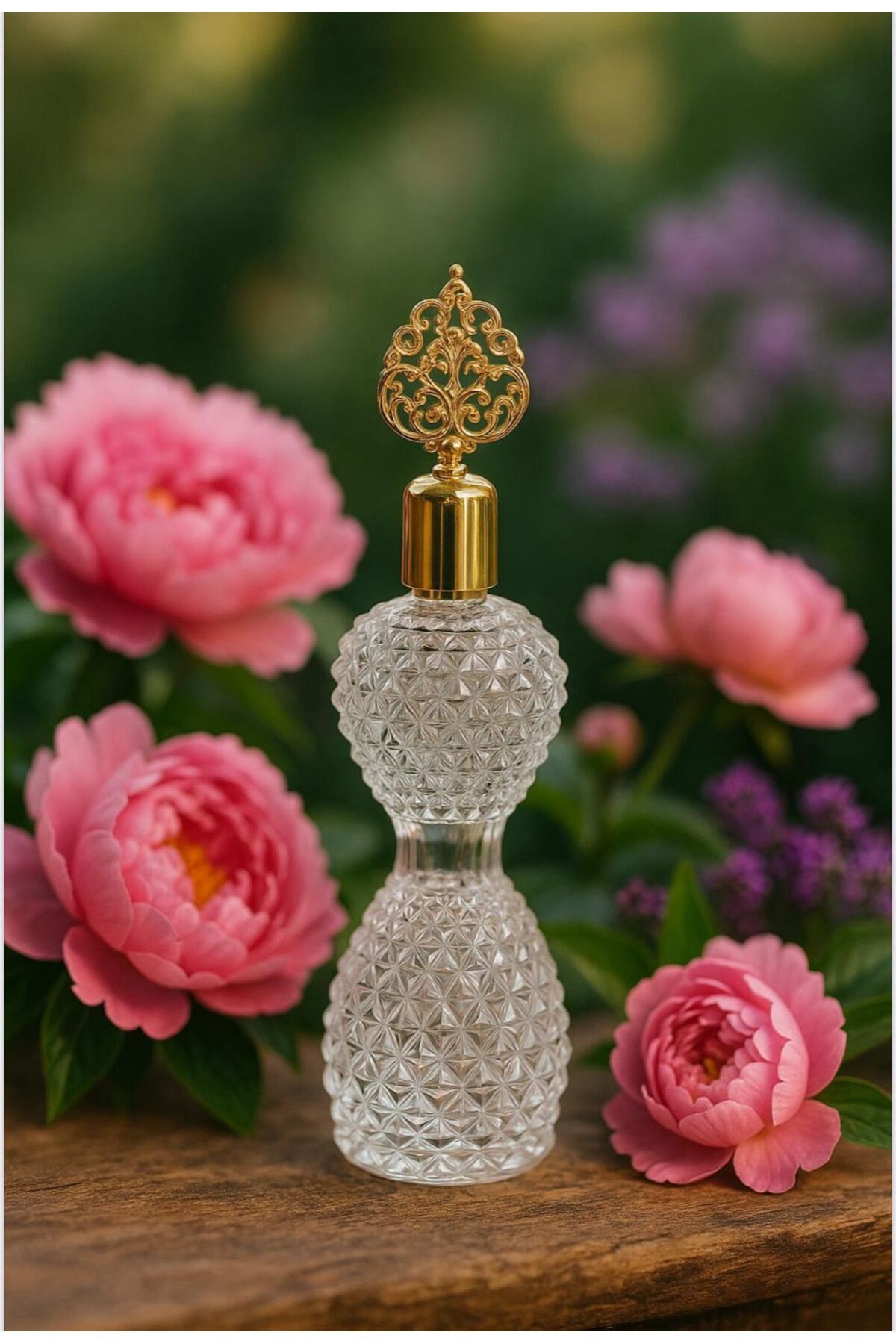 LİNGO HOME Şık Tasarım Cam Kolonya Şişesi-Gold Renk Kapaklı-200ml-25 cm