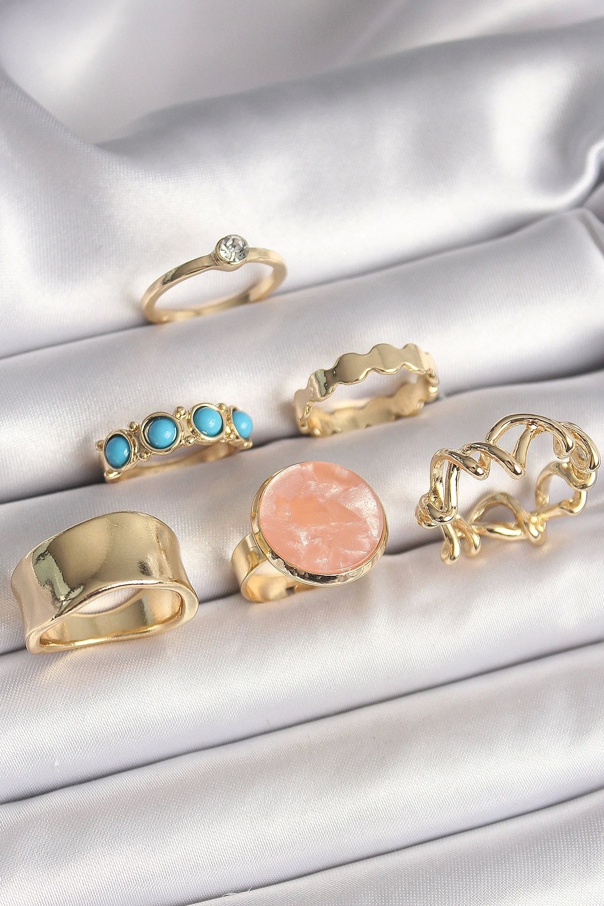 OurStyles Pirinç Gold Renk Daire Pembe Mineli Zirkon Taş Detaylı 6'Lı Kadın Yüzük Seti - TJ-BYK3610