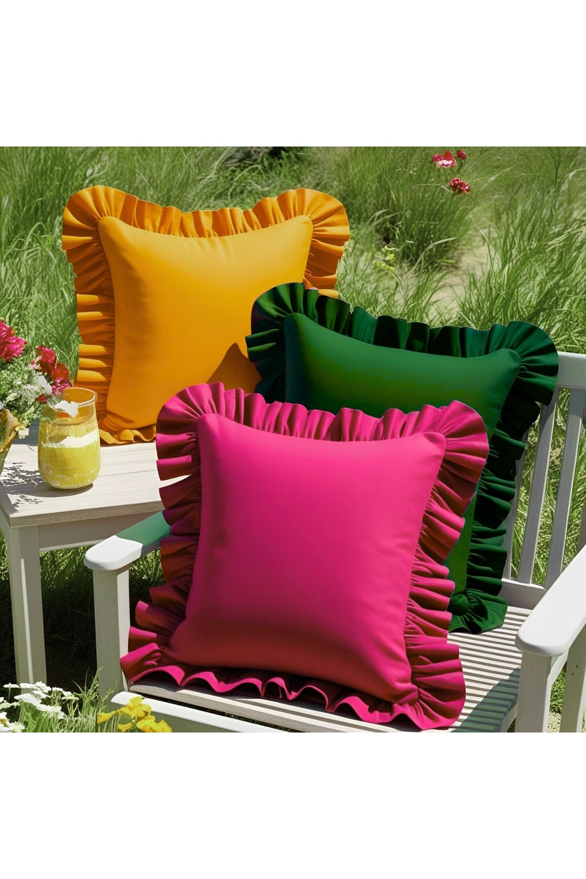 Bc Home 3'lü Hardal - Fuşya- Çam Yeşili Country Fırfırlı Kare Kırlent Kılıfı Vintage,Bohem