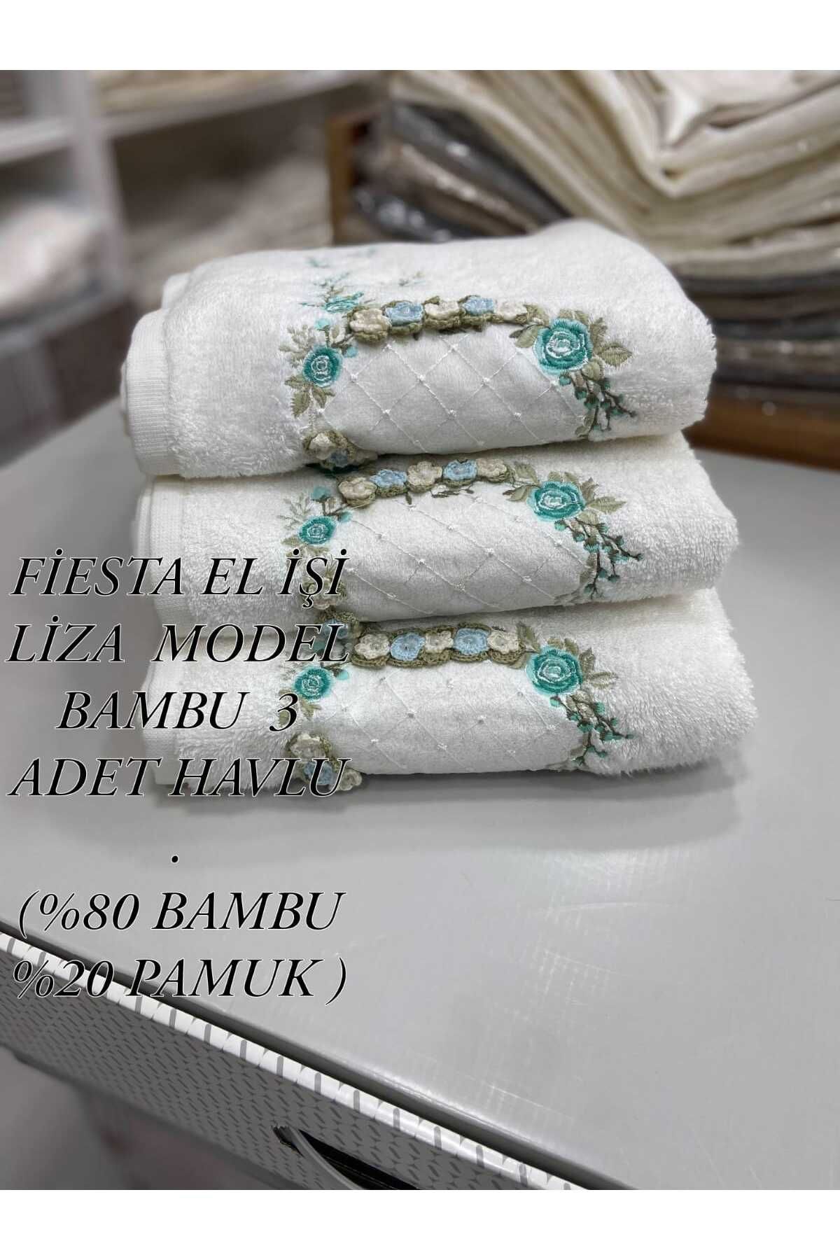 HMZ TESKTİL FİESTA EL İŞİ LİZA MODEL BAMBU 3 ADET EL YÜZ HAVLUSU . 50 X90 BAMBU EL YÜZ HAVLUSU