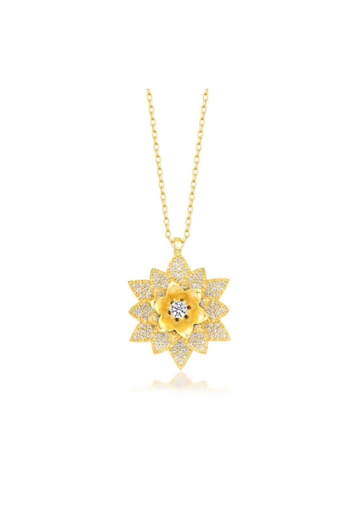 minaydan 925 Ayar Gümüş Gold Beyaz Taşlı Lotus Çiçeği Kadın Kolye