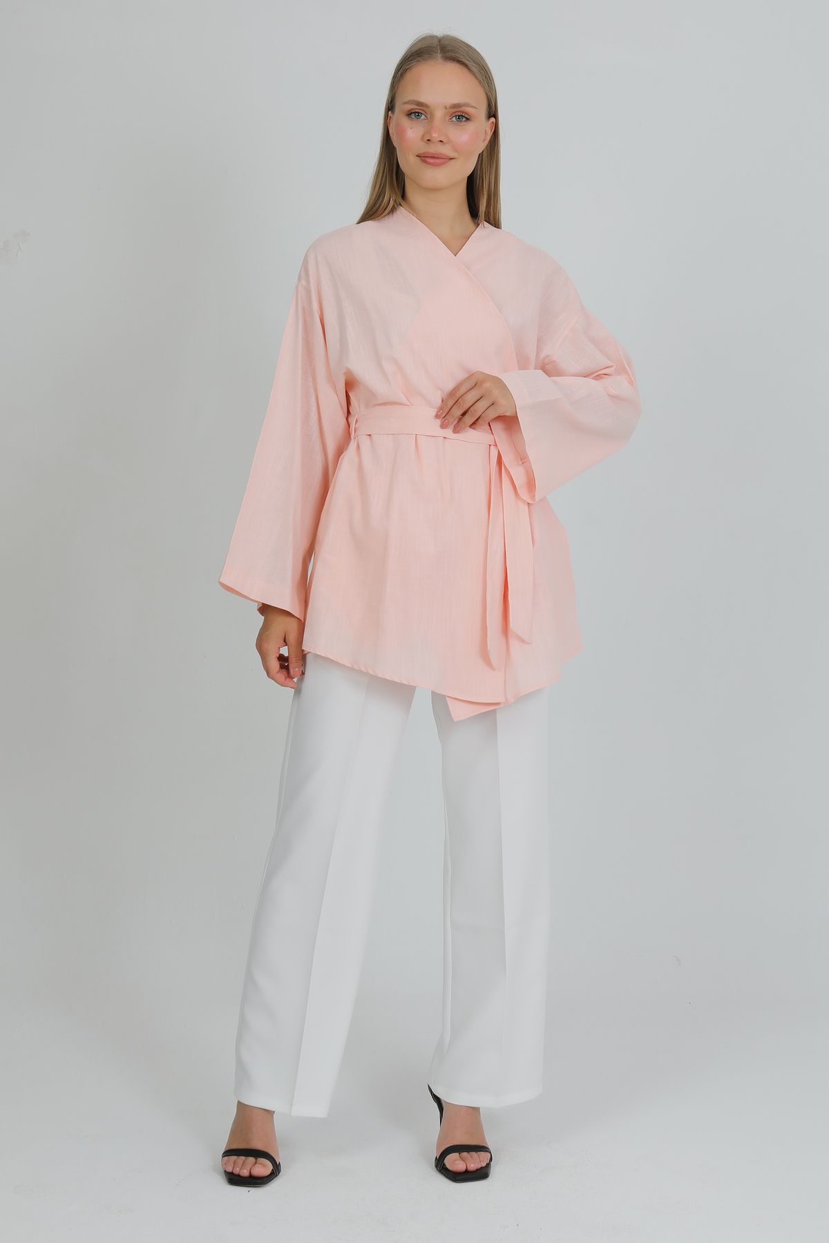 PASTELASTORE %100 Pamuk Keten Cepli Kemerli Yazlık Kadın Kimono 1166 - Nefes Alan Doğal Kumaş