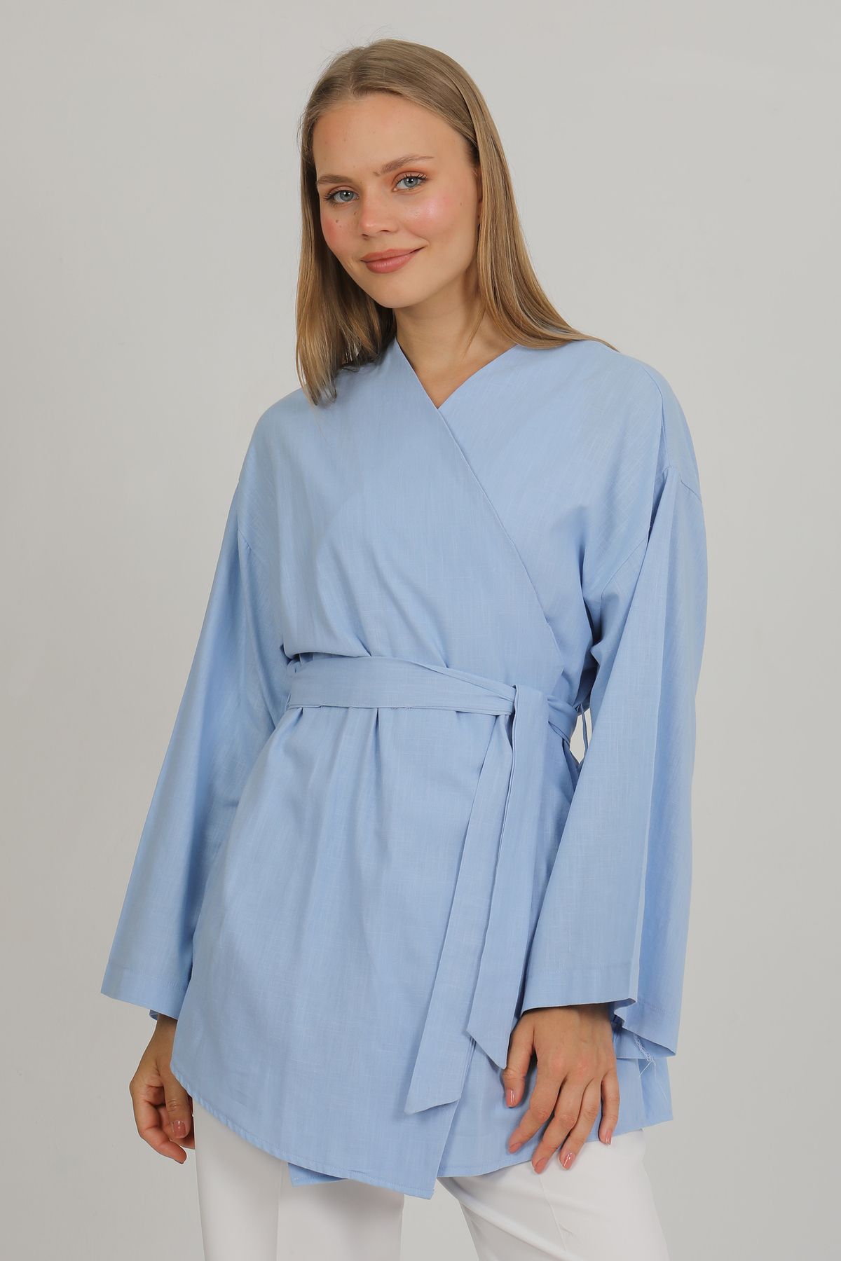 PASTELASTORE %100 Pamuk Keten Cepli Kemerli Yazlık Kadın Kimono 1166 - Nefes Alan Doğal Kumaş