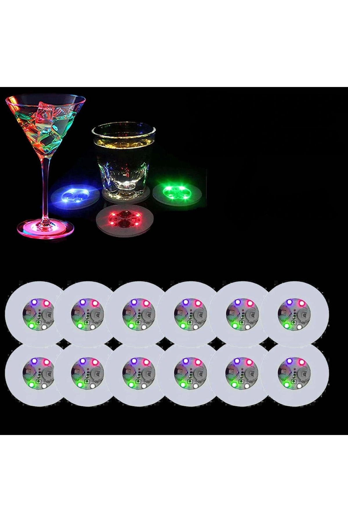 OurStyles Renkli LED Işıklı Bardak Altlığı - Dekoratif 12 Adet Pilli