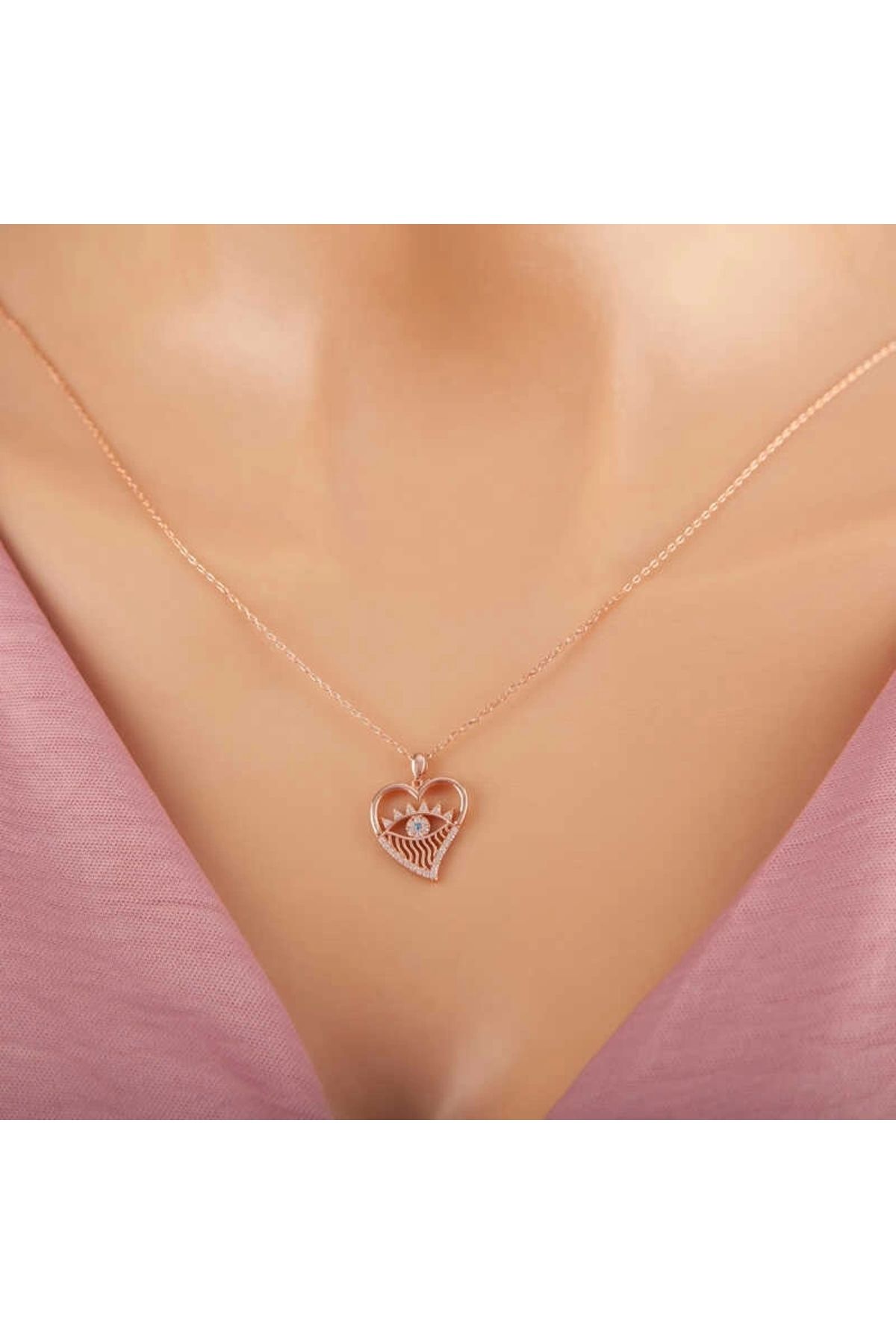 minaydan 925 Ayar Gümüş Rose Kalp Göz Kadın Kolye