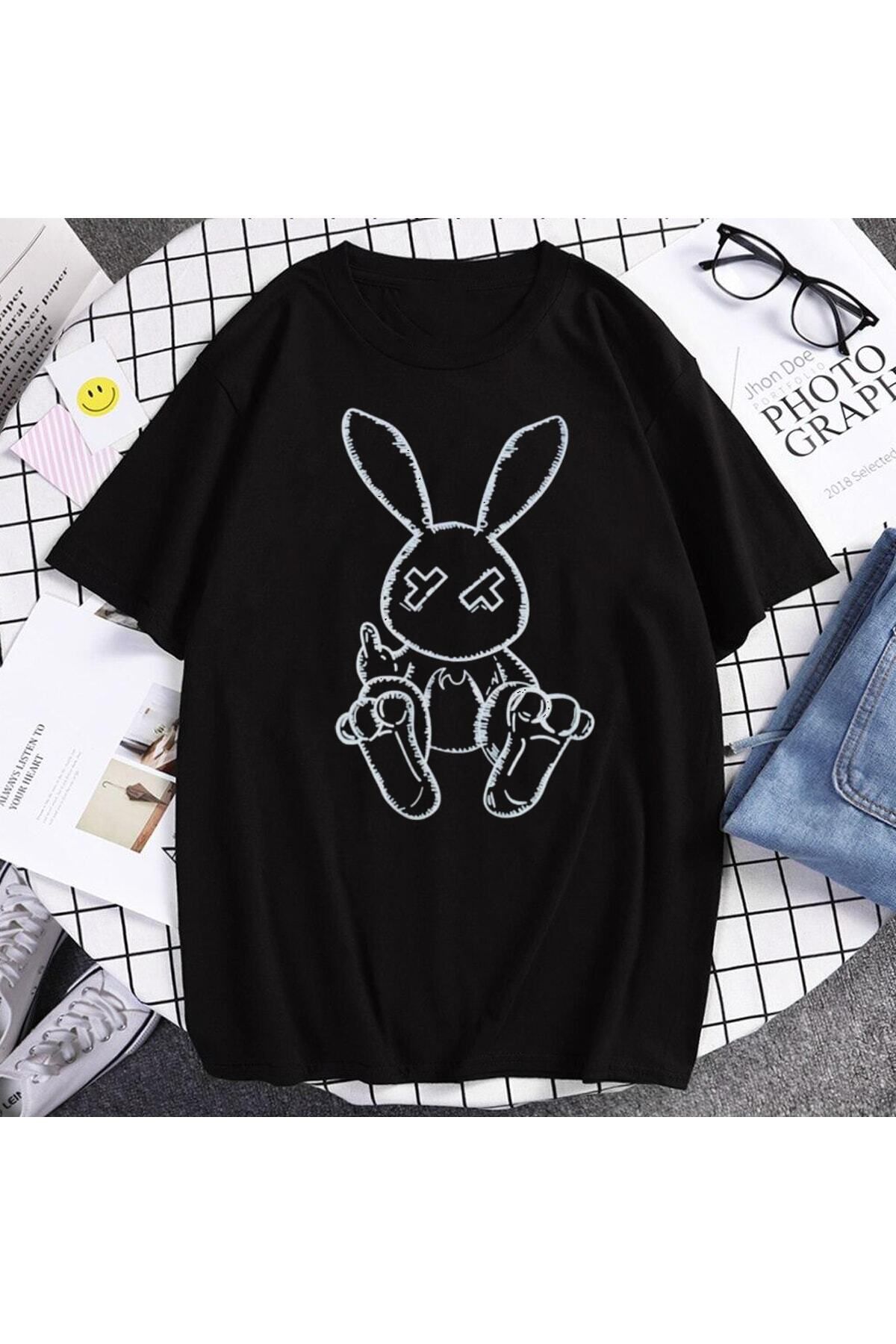 Pisa Art Siyah Tavşan Baskılı Unisex T-shirt