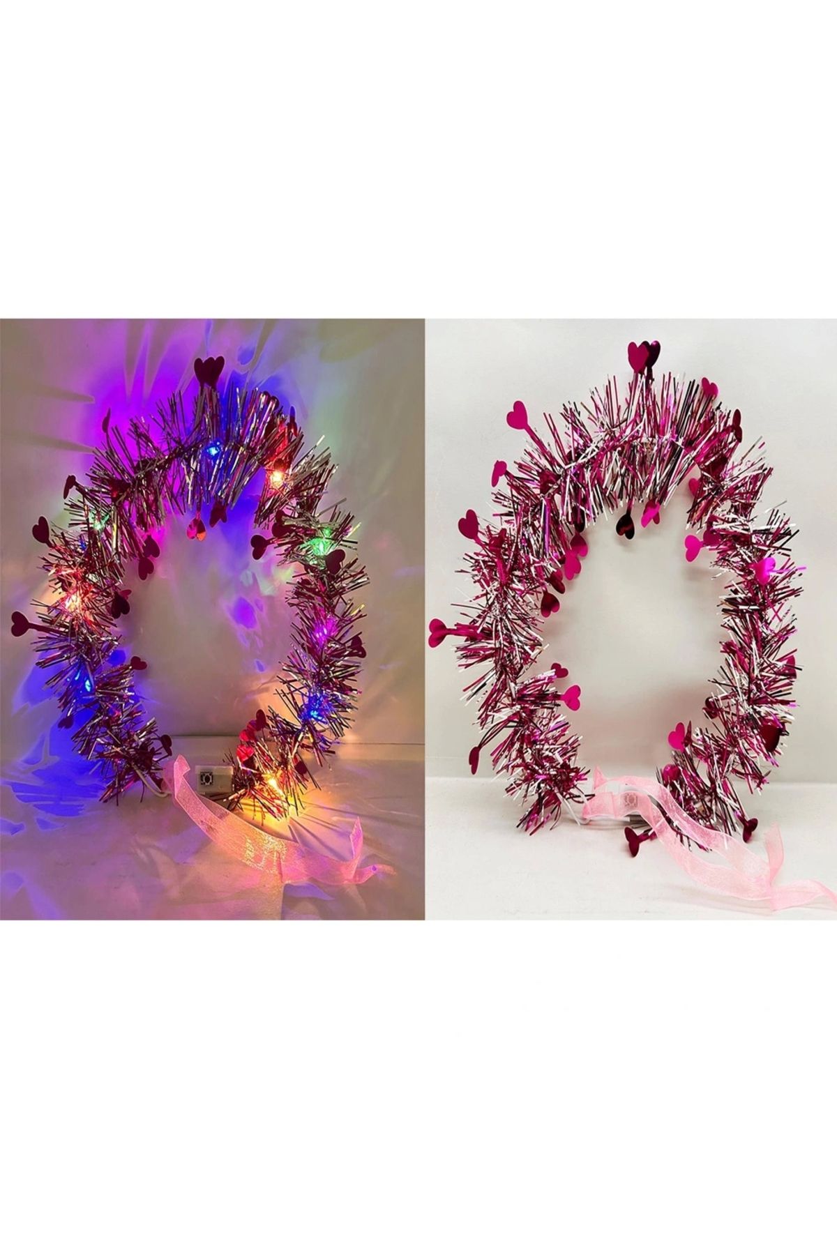OurStyles Kalp Püsküllü Gece Parıltısı 3 Modlu LED li Işıklı Taç Fuşya Renk