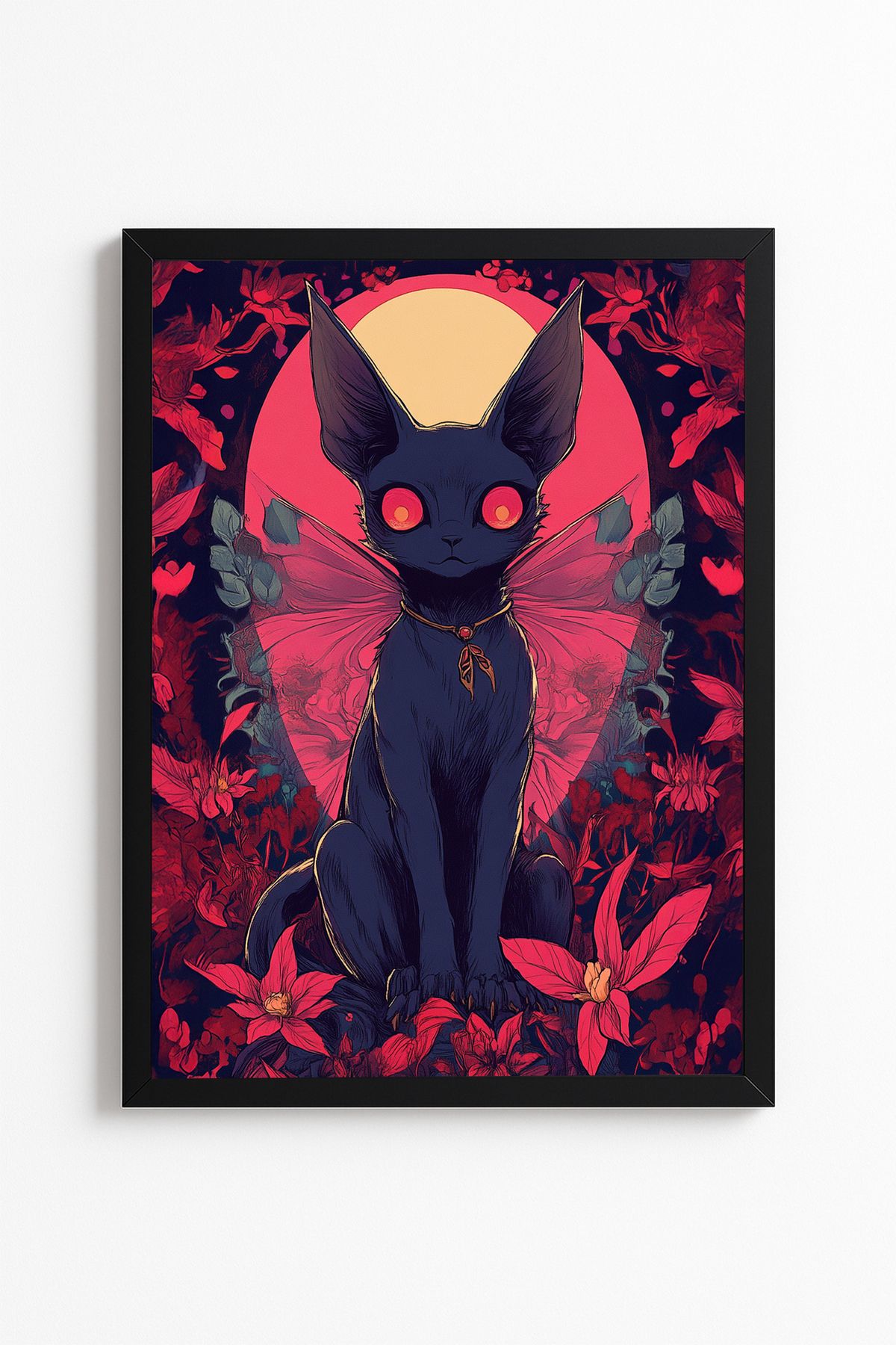 Patte Gotik Sanat Tablo – Kırmızı Gözlü Siyah Kedi Çiçekler – Fantastik Çerçevesiz Poster Kaliteli Tablo