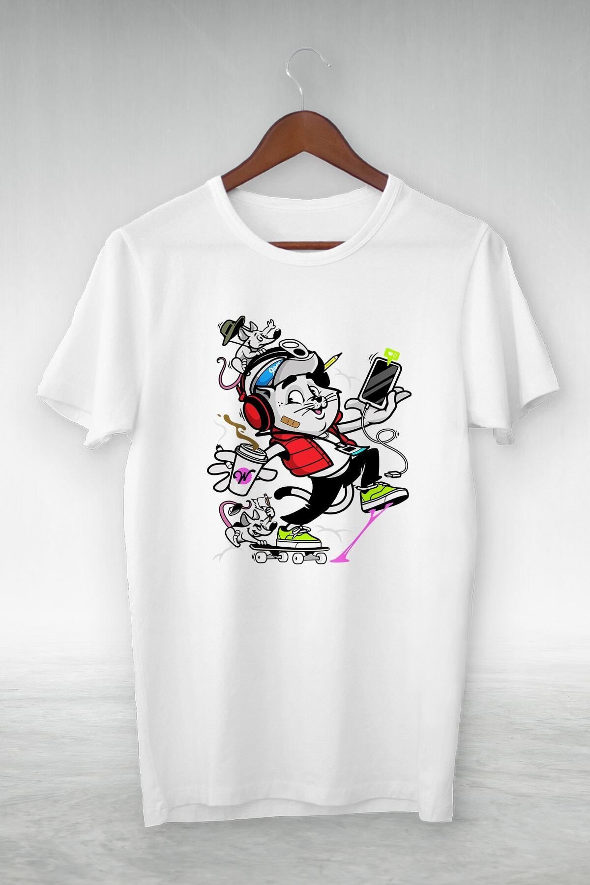 Pisa Art Beyaz -skate Cat Mouse- Vip Tasarım Tshirt
